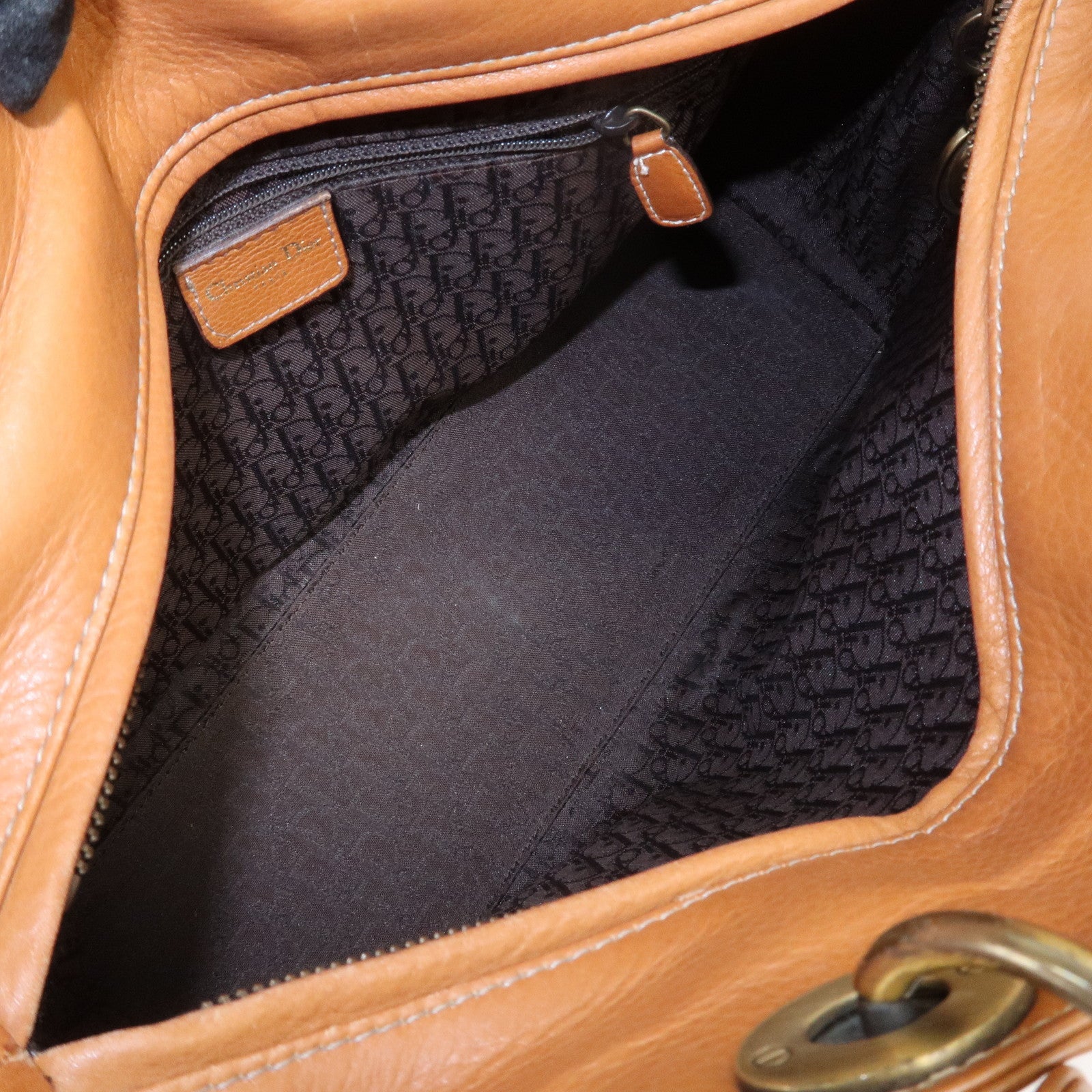 Christian Dior Lady Dior Leather Tote Bag Hand Bag Brown Gold