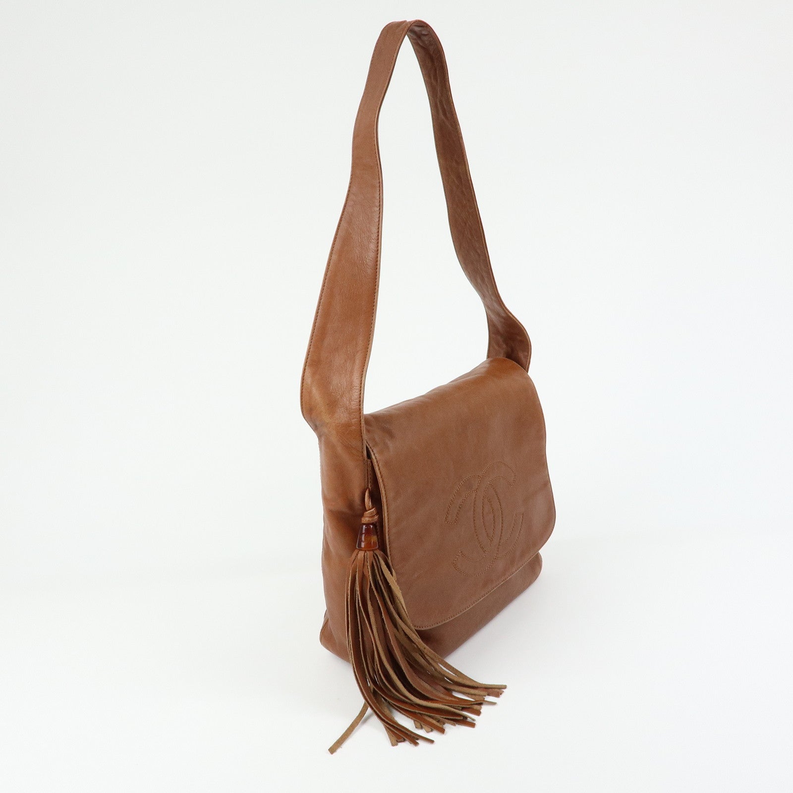 CHANEL COCO Mark Leather Shoulder Bag Tassel Charm Brown