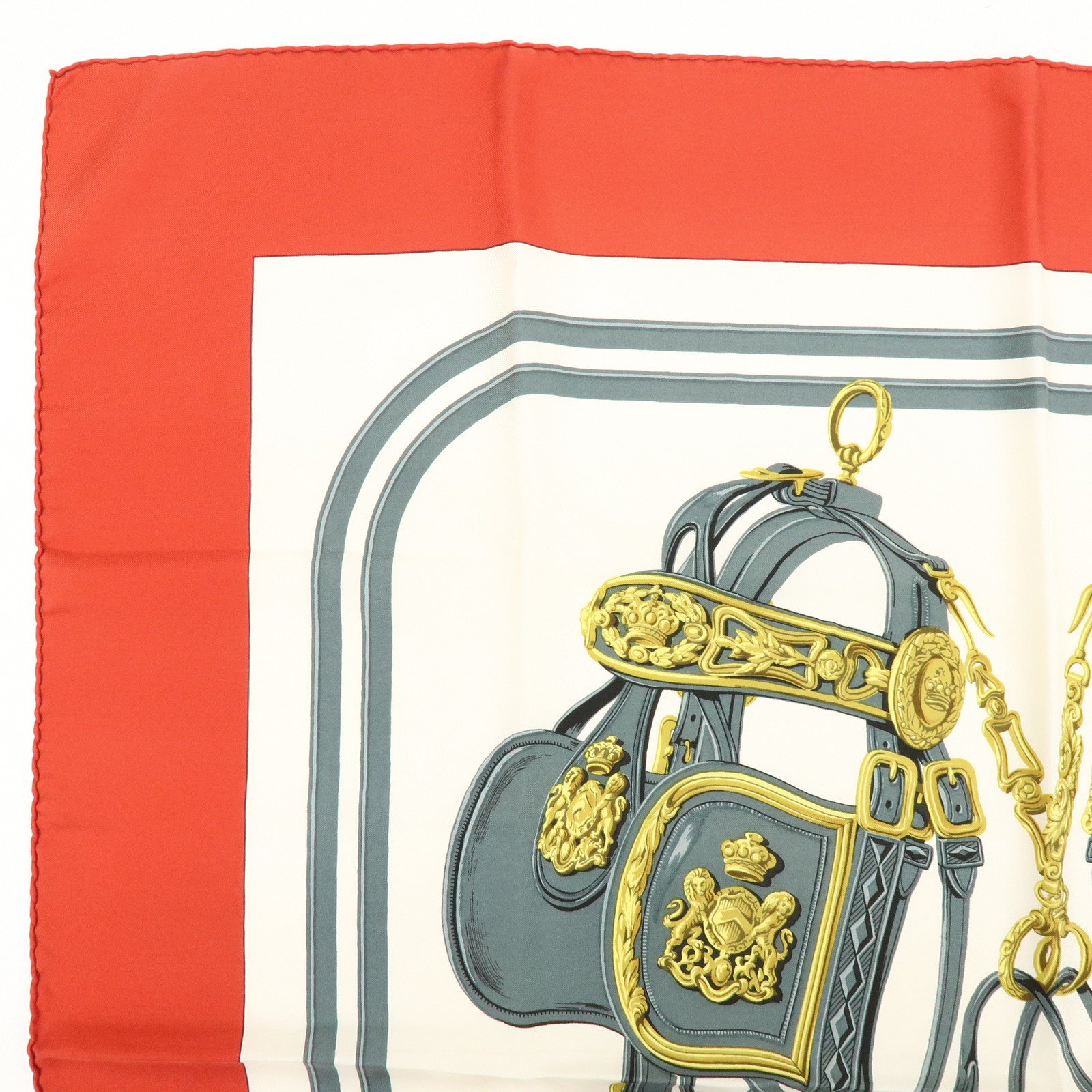 HERMES Carre 90 Silk 100% BRIDES DE GALA Scarf White Red