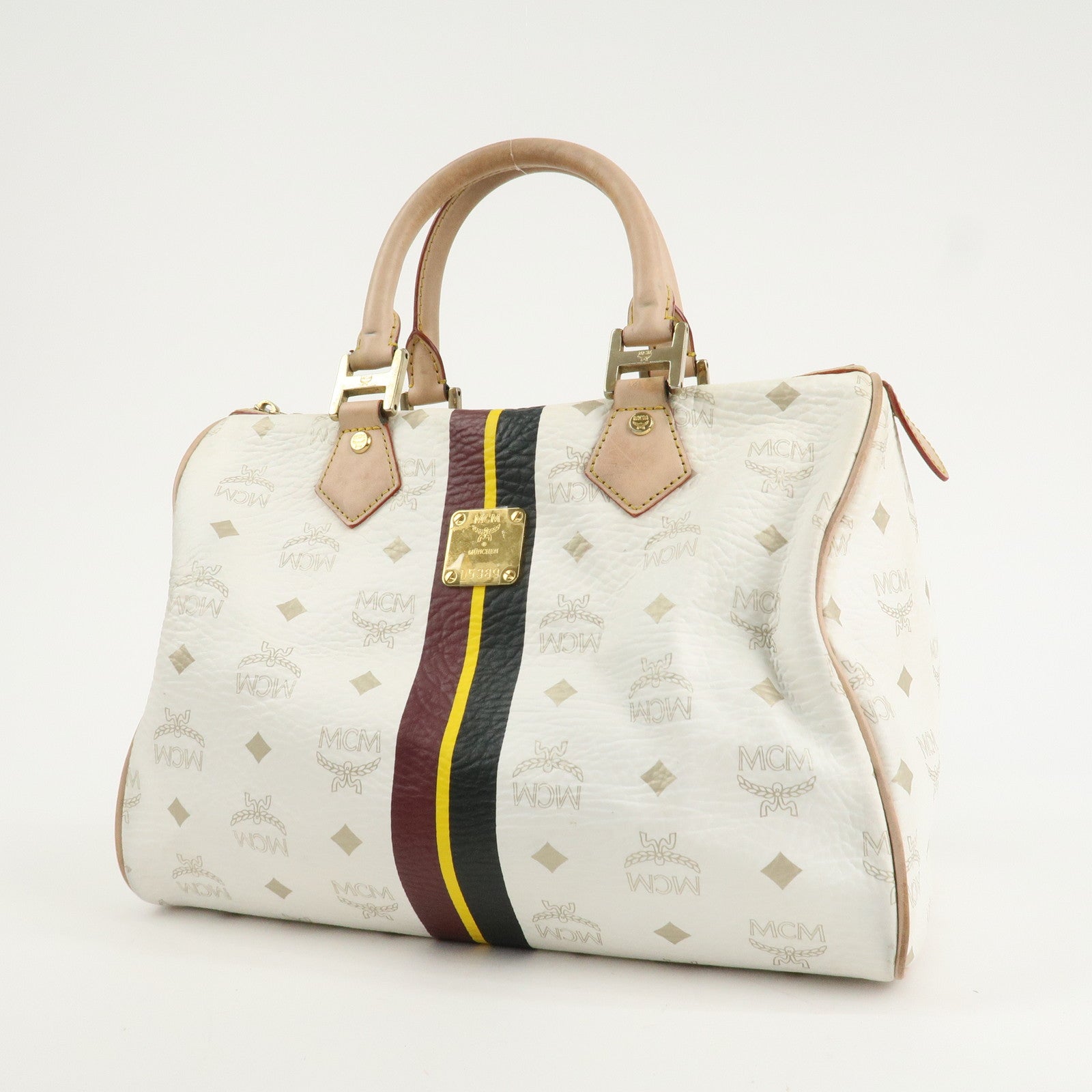 MCM Visetos Leather Boston Bag Hand Bag Beige White Used
