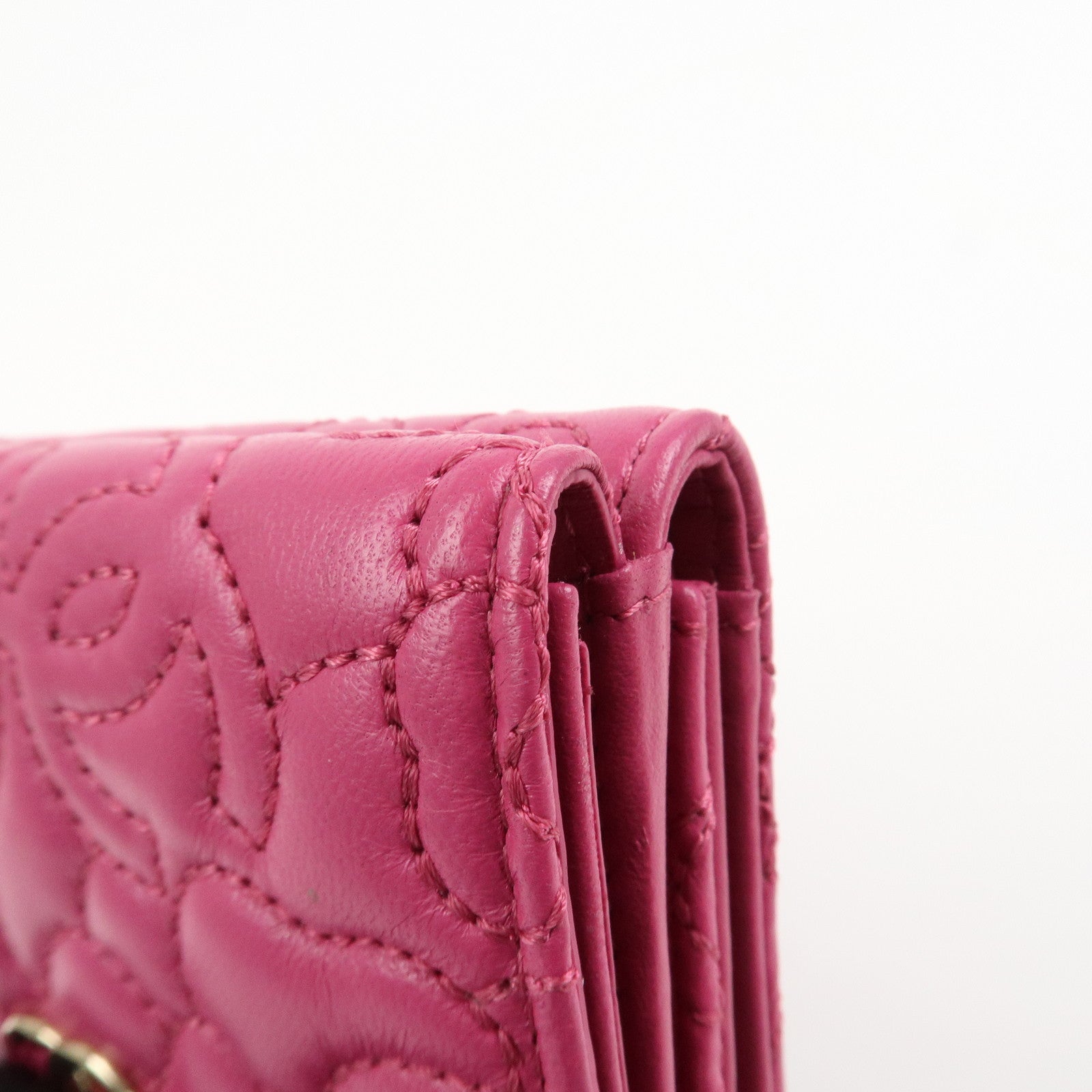 CHANEL COCO Mark Lamb Skin Tri-fold Compact Wallet Pink