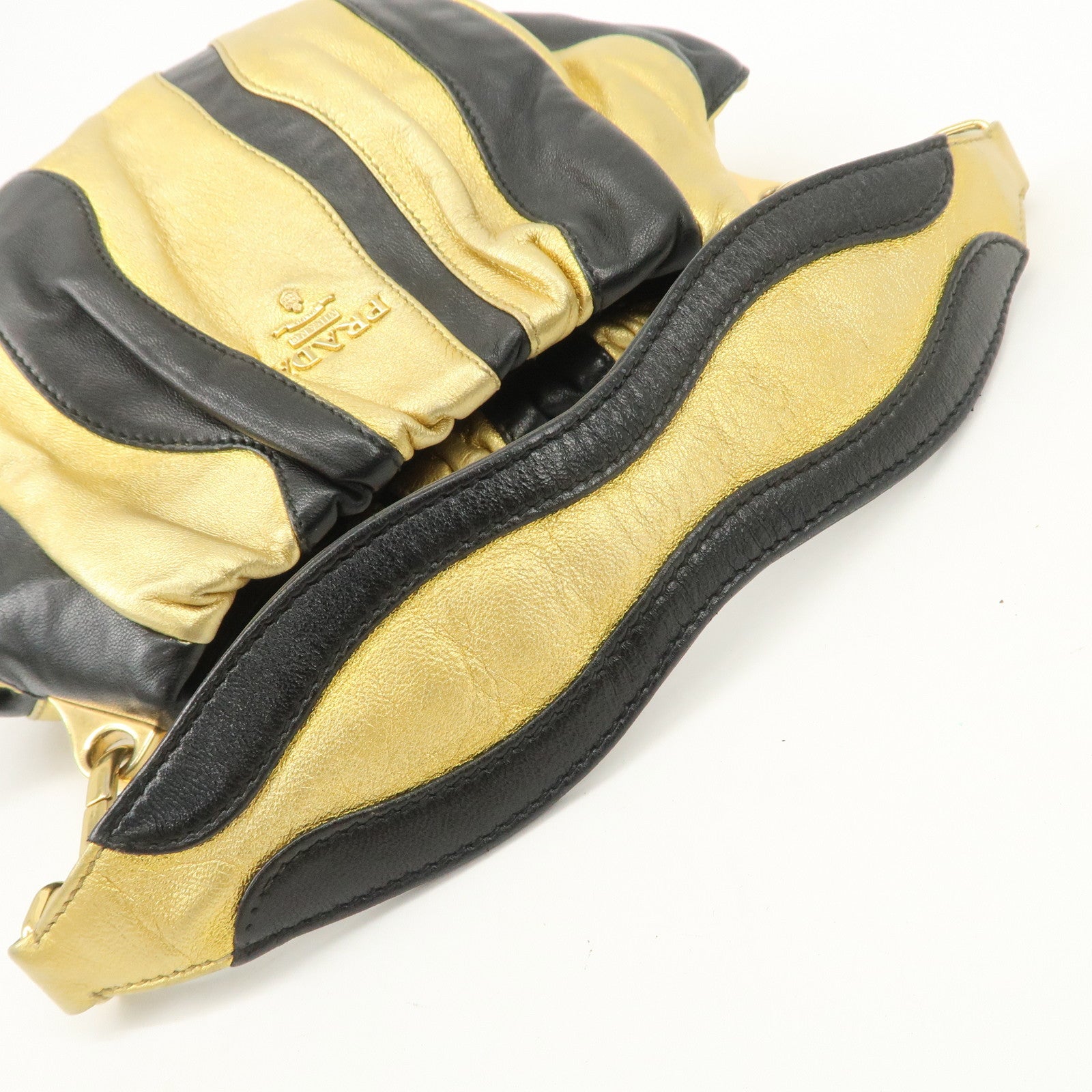 PRADA Leather Hand Bag Black Gold Hardware