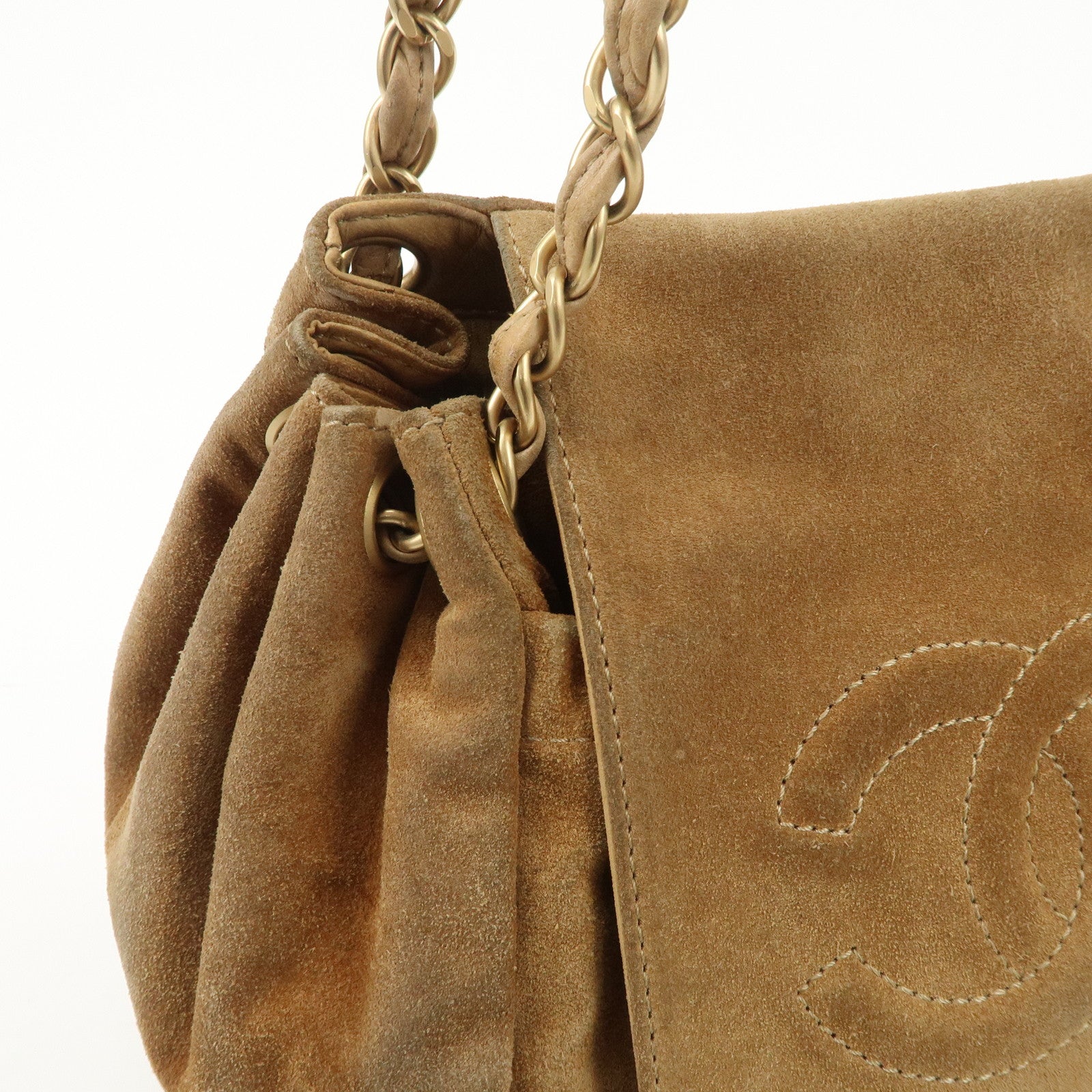 CHANEL COCO Mark Leather Suede Chain Shoulder Bag Beige Gold Used