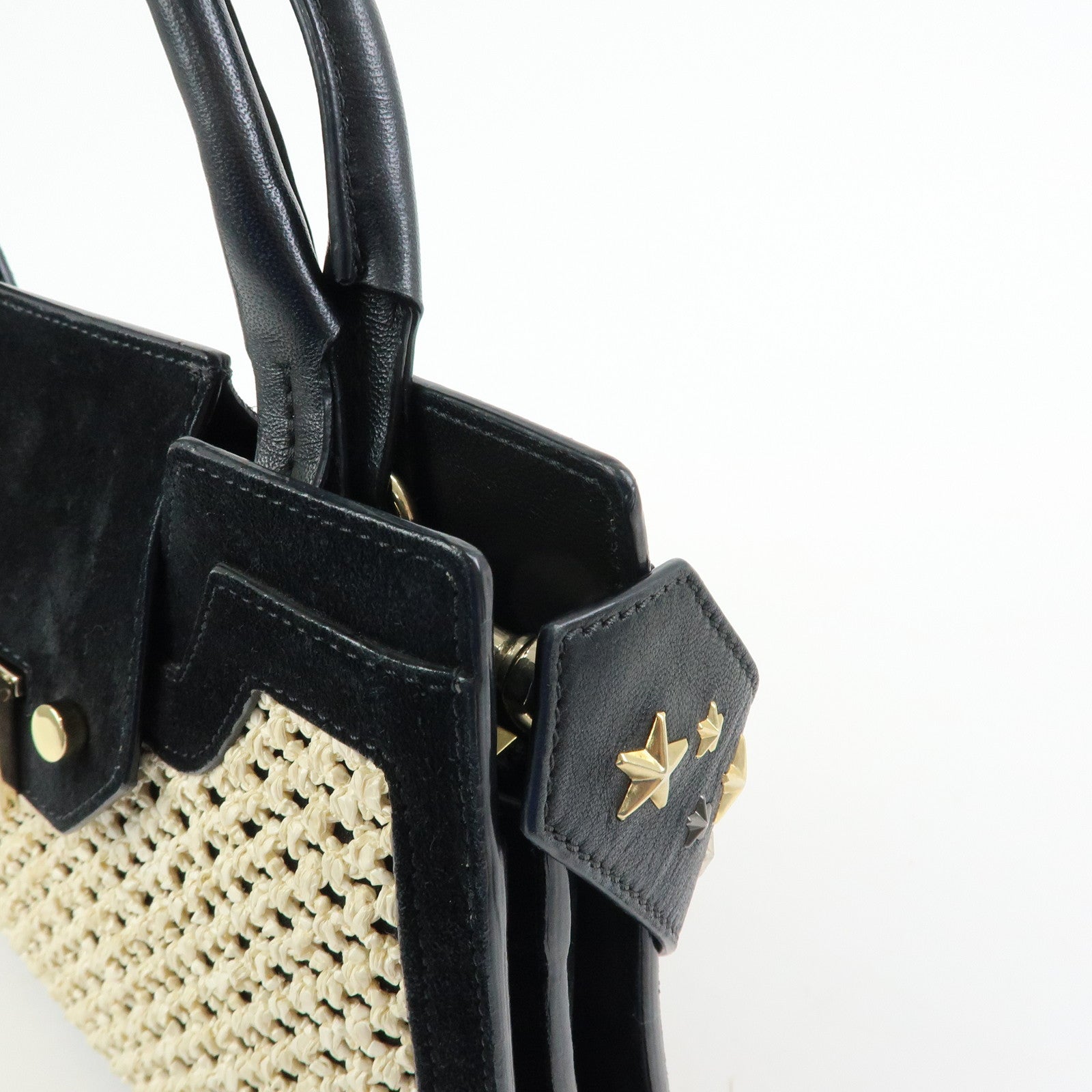 JIMMY CHOO Straw Suede Leather 2Way Bag Hand Bag Natural Black