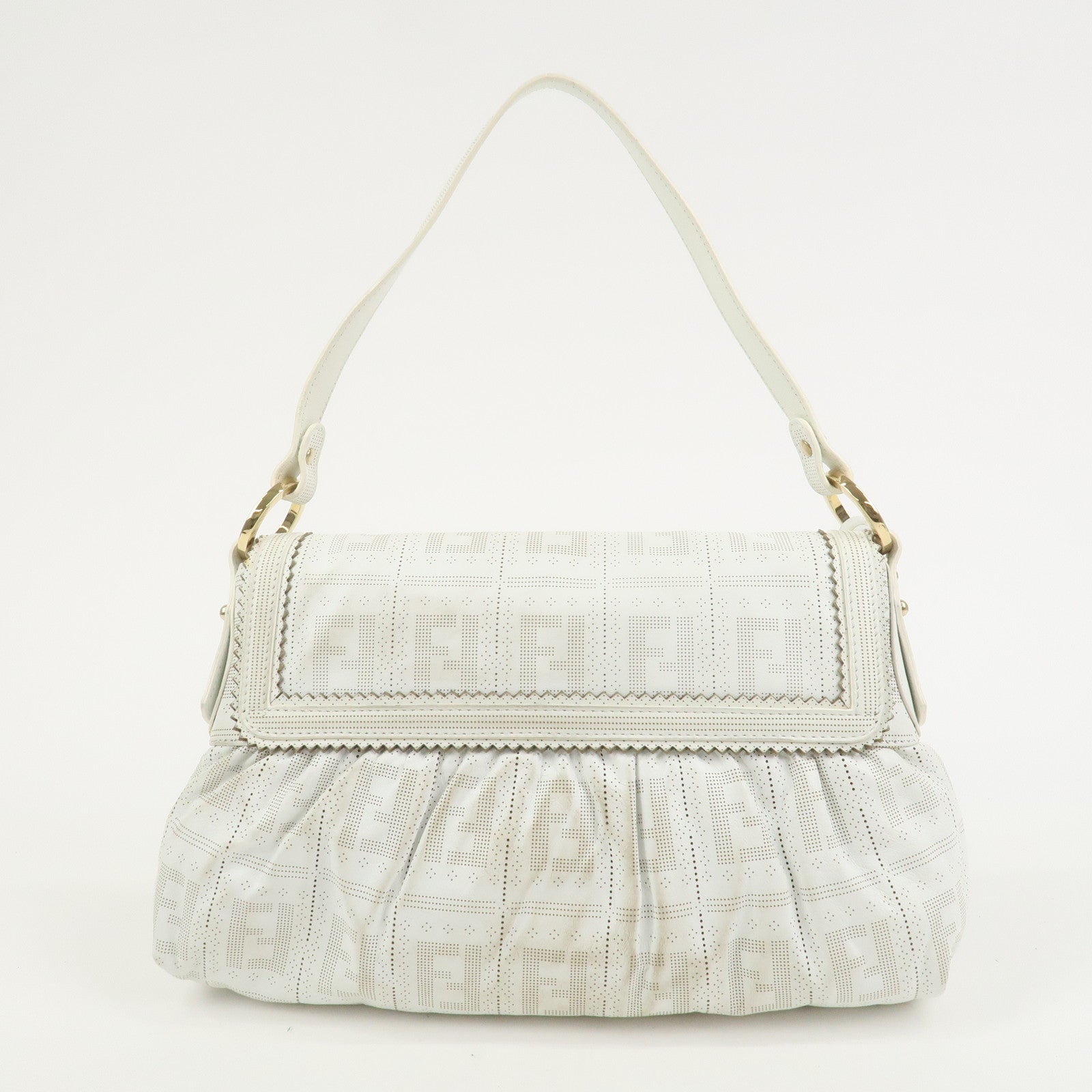 FENDI Zucca Logo Leather Shoulder Bag Hand Bag White 8BR445
