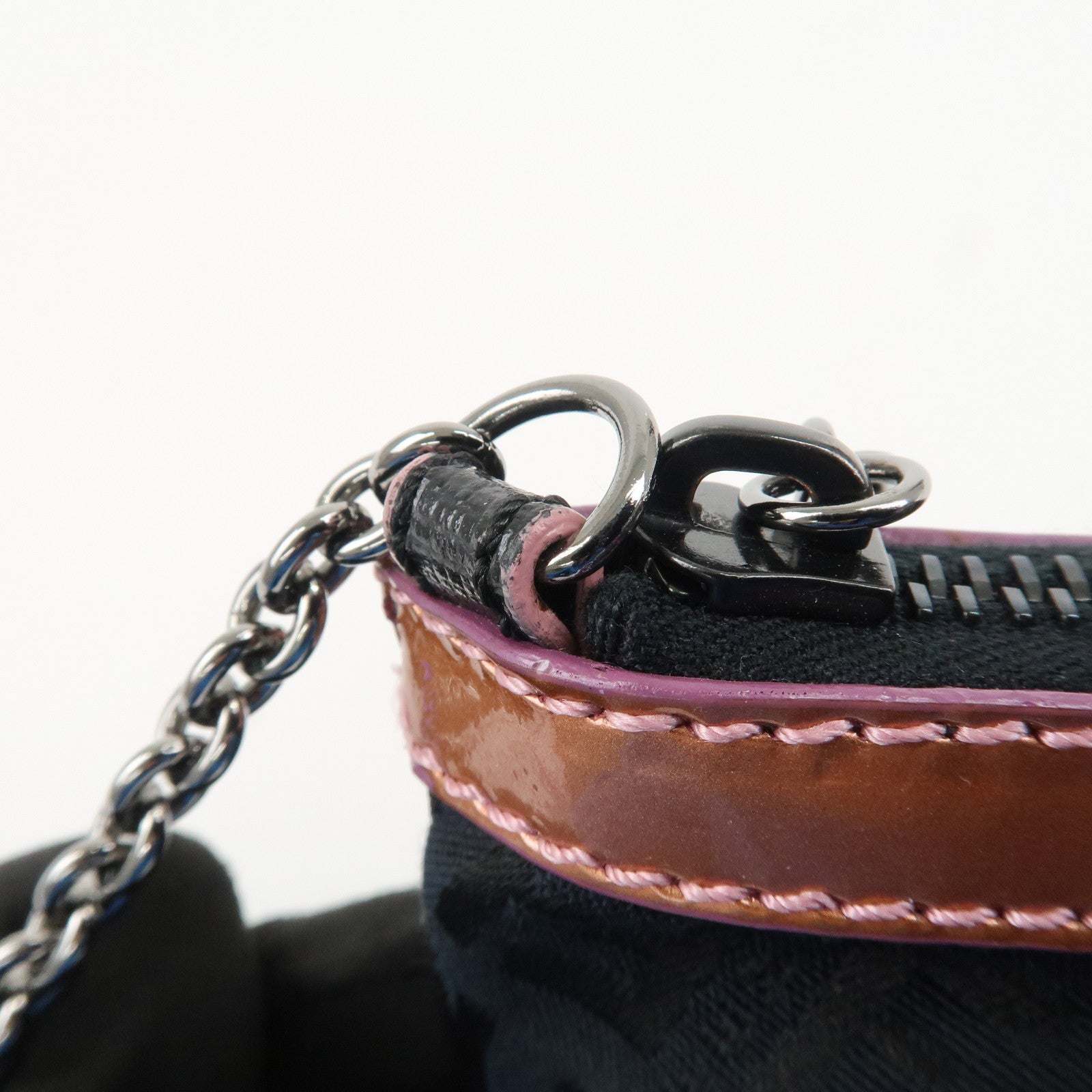 FENDI Zucchino Canvas Leather Chain Hand Bag Black Pink 8BR594 Used