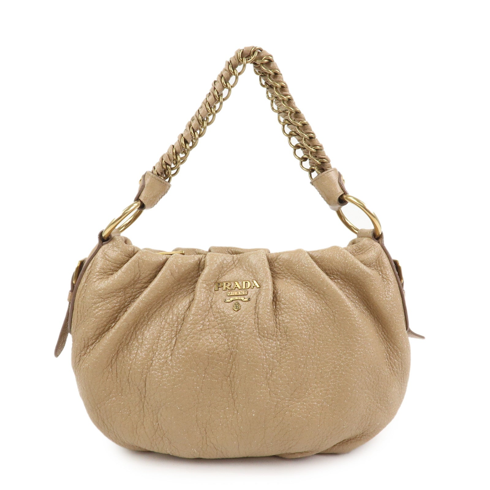 PRADA Logo Leather Chain Shoulder Bag Hand Bag Beige