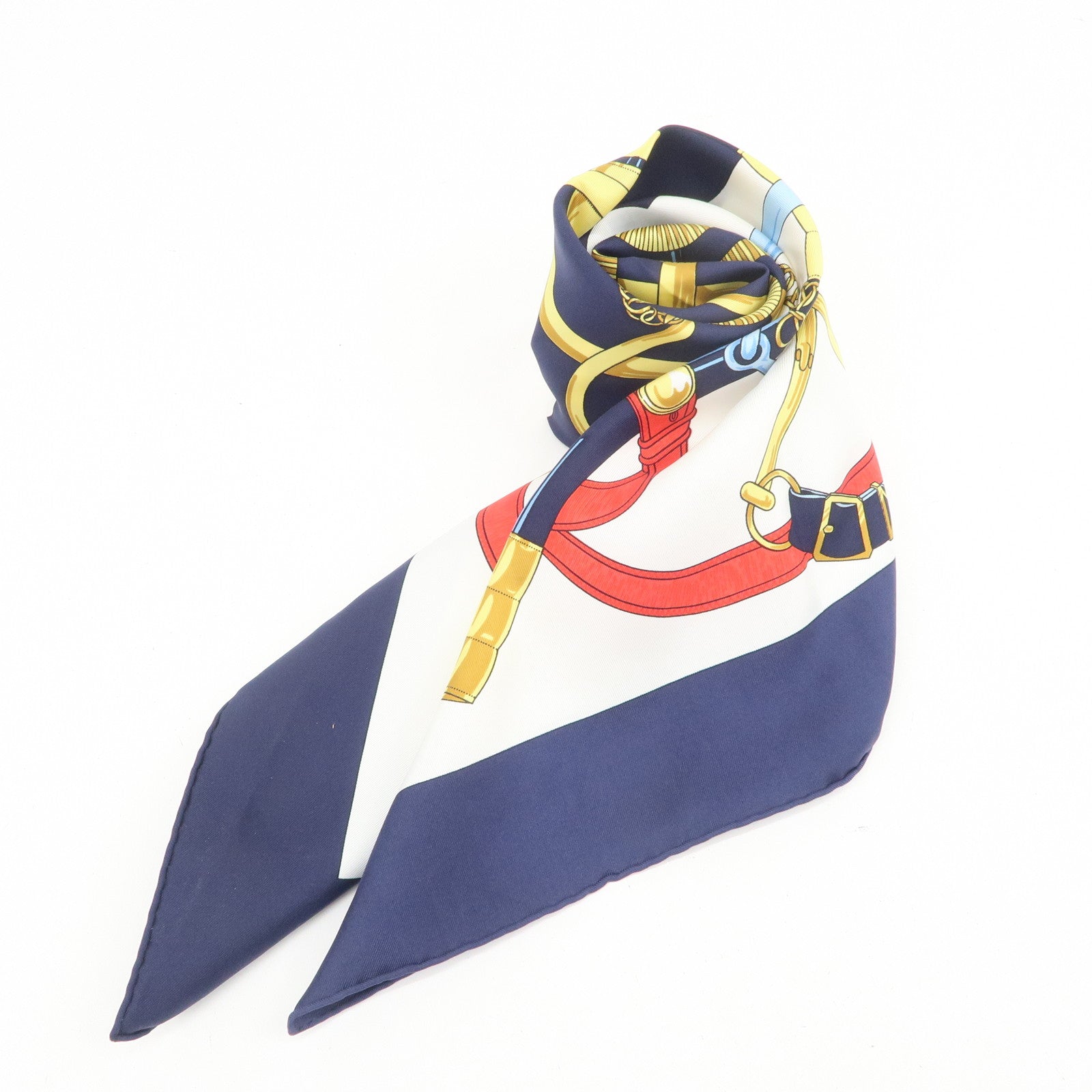 HERMES Carre 90 Silk 100% Eperon d'or Scarf White Navy