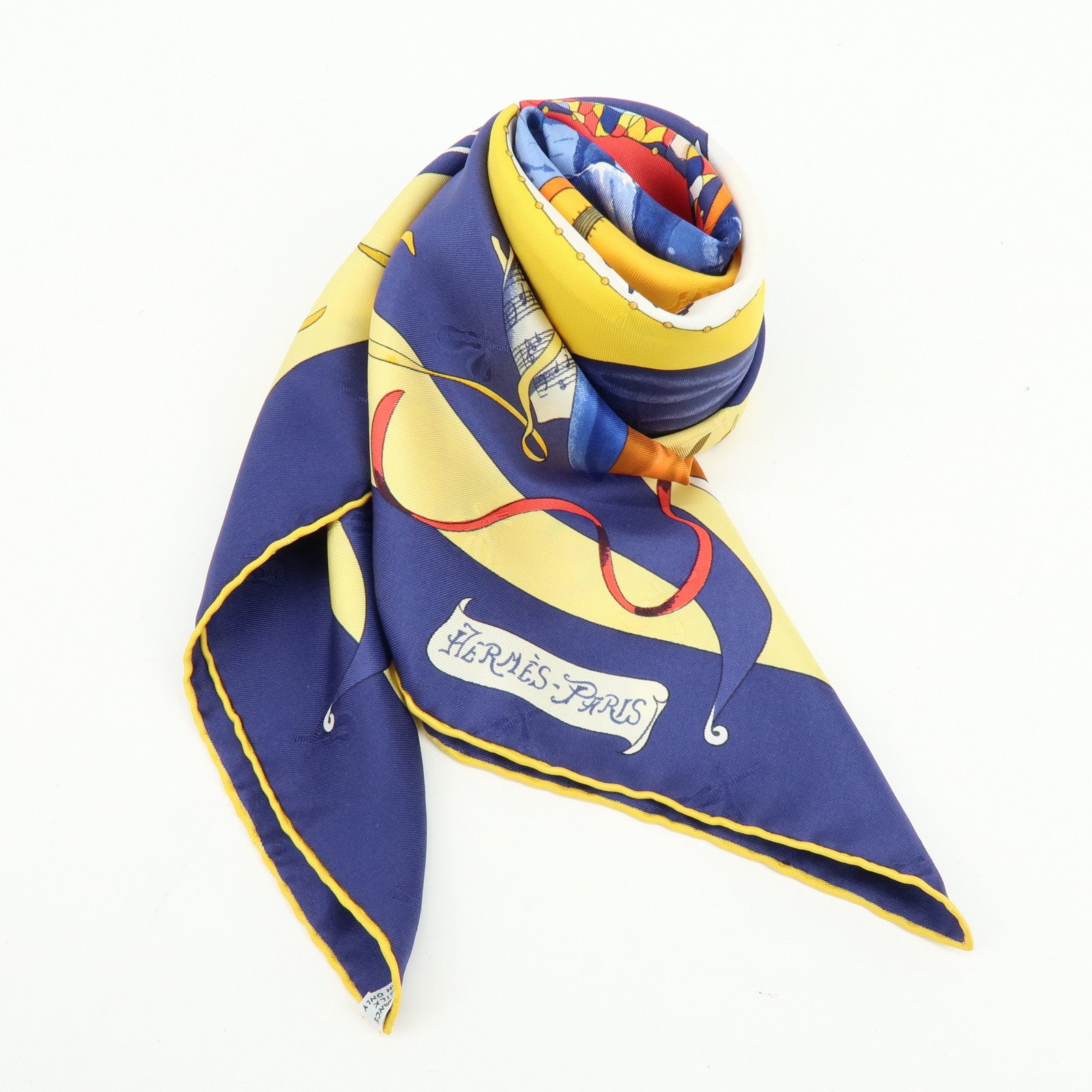 HERMES Carre 90 Silk 100% Scarf LE CARNAVAL DE VENISE Yellow Navy