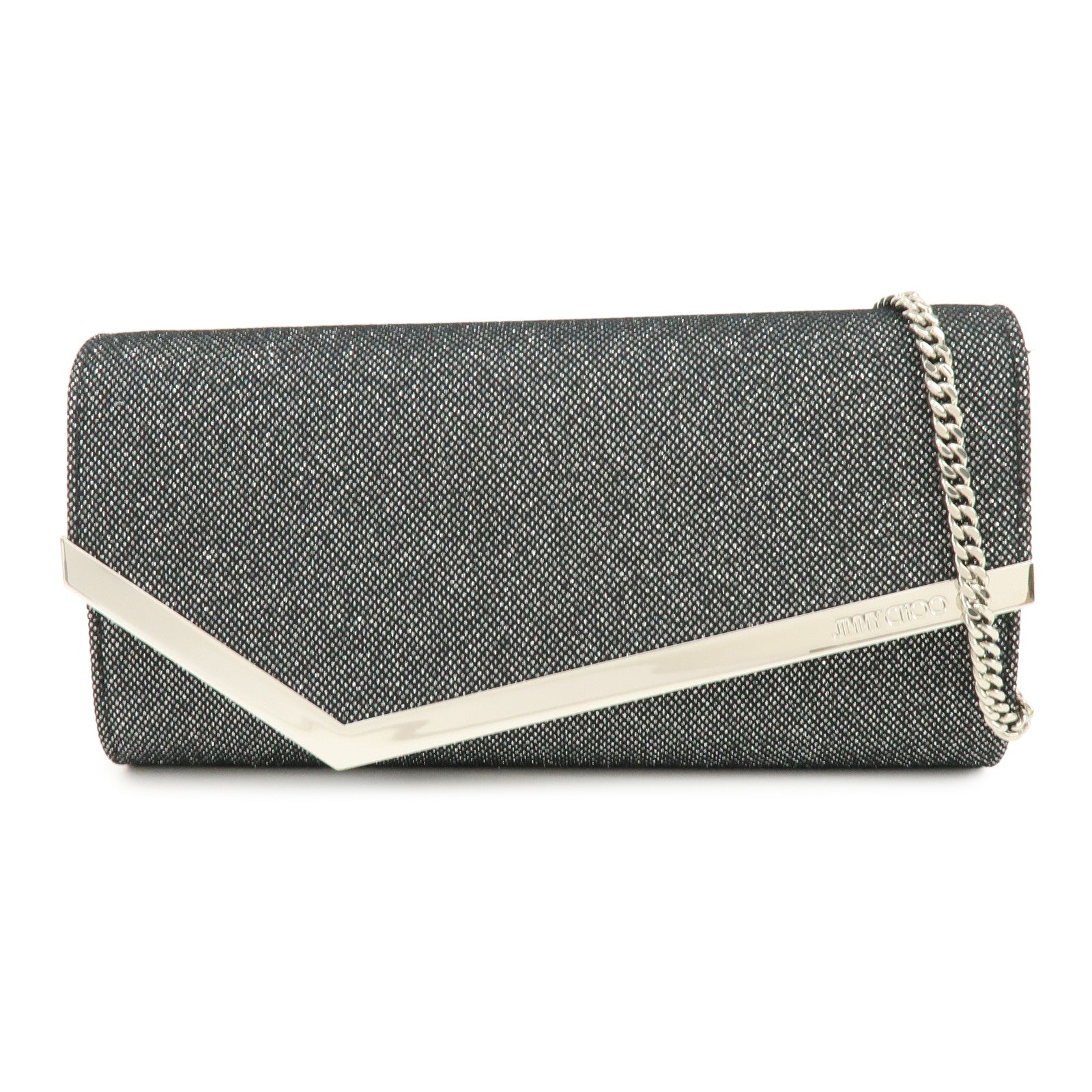 JIMMY CHOO Emmie Canvas Leather Chain Shoulder Bag Silver Black