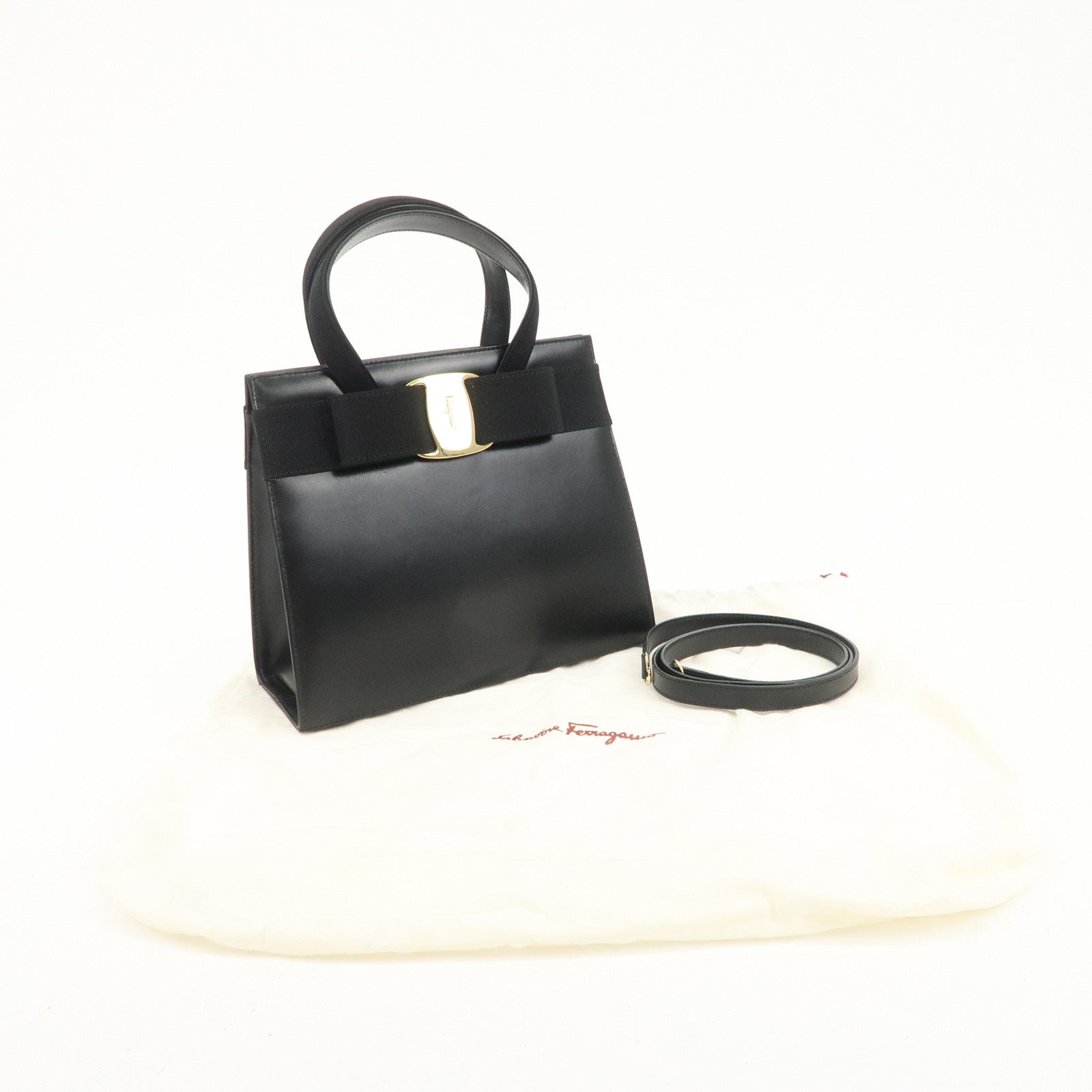 Ferragamo Vara Leather 2Way Hand Bag Shoulder Bag Black Used