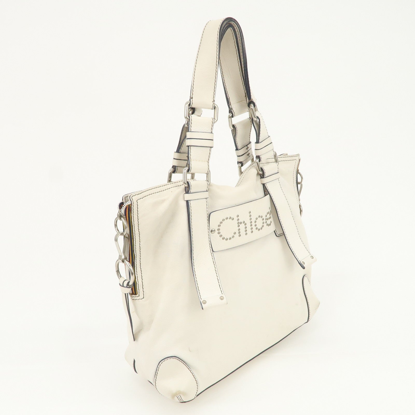 Chloe Patsy Studs Logo Leather Tote Bag Shoulder Bag Ivory