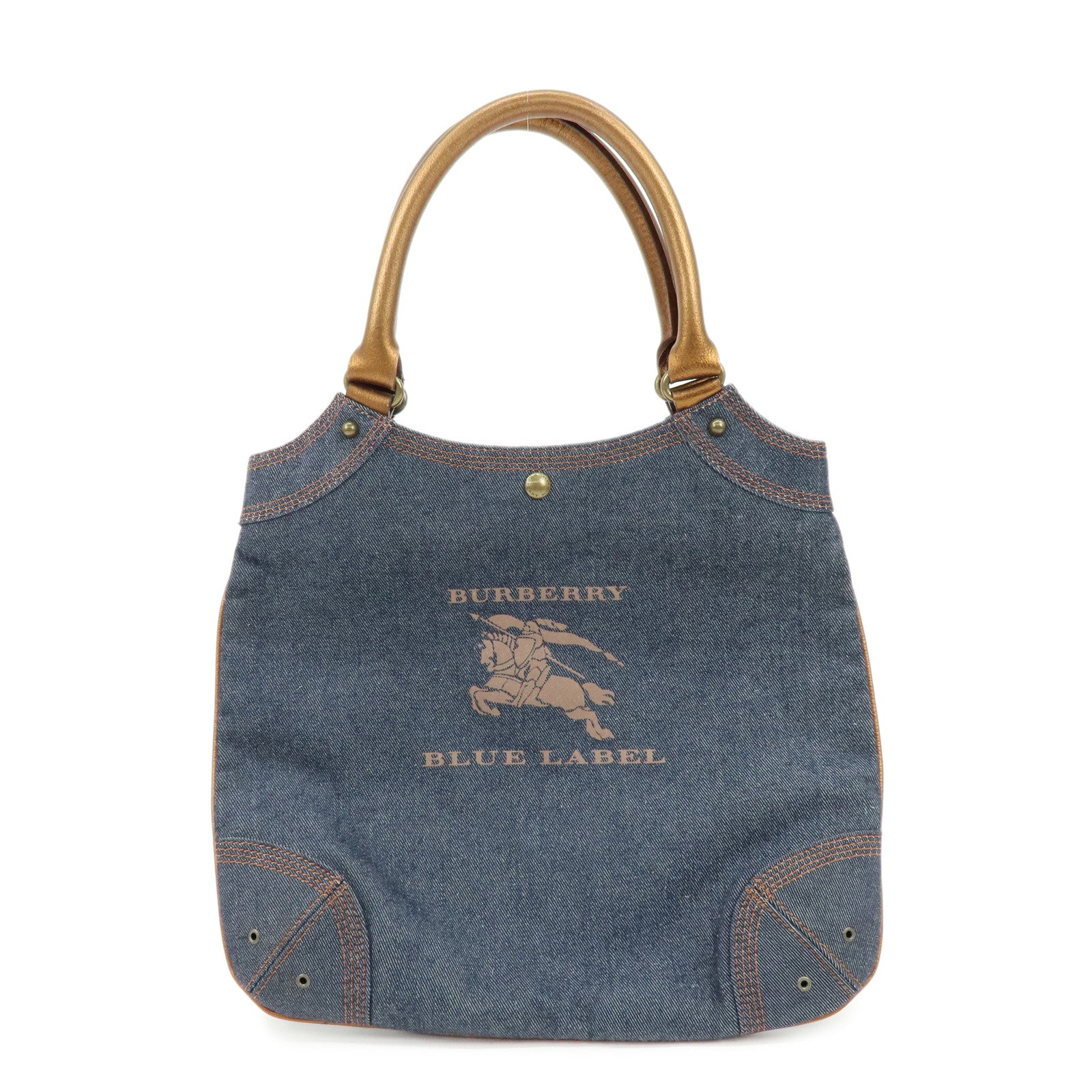 BURBERRY Blue Label Denim Leather Tote Bag Indigo Metallic Brown