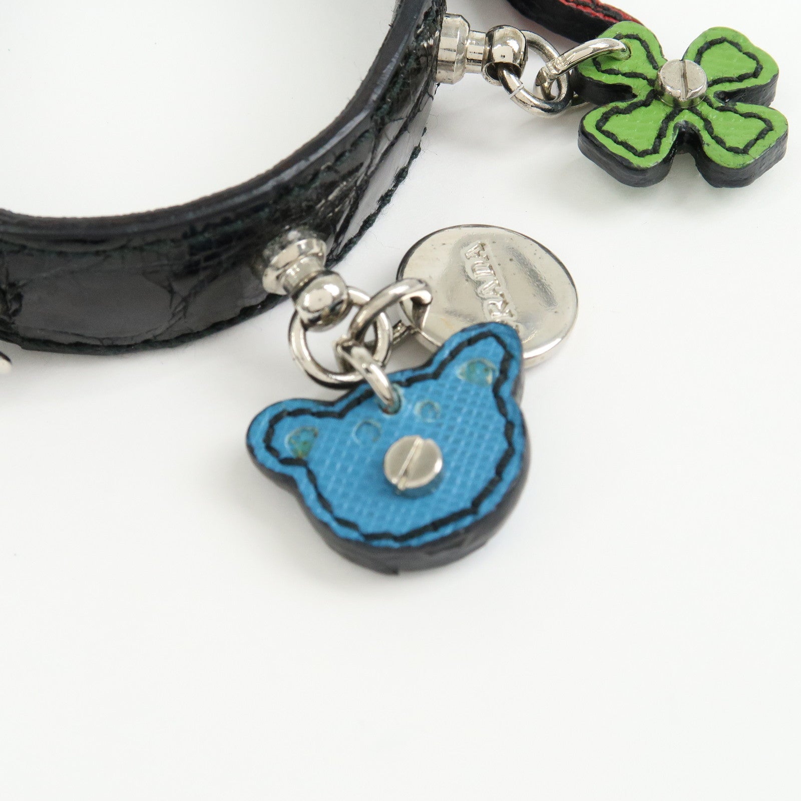 PRADA Patent Saffiano Leather Heart Flower Bear Bracelet Black