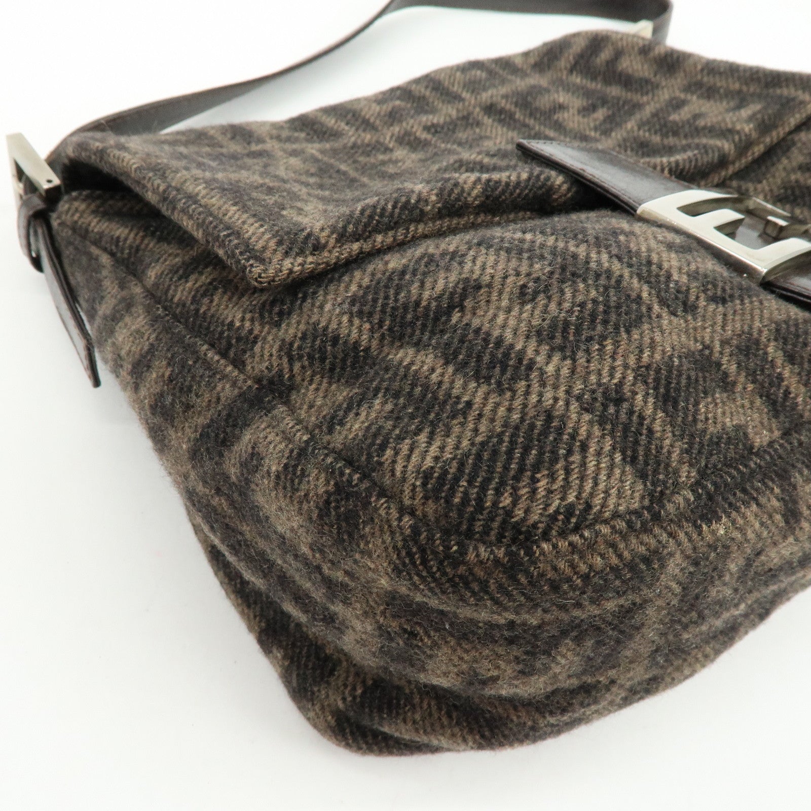 FENDI Mamma Baguette Zucca Wool Leather Shoulder Bag Brown 26325