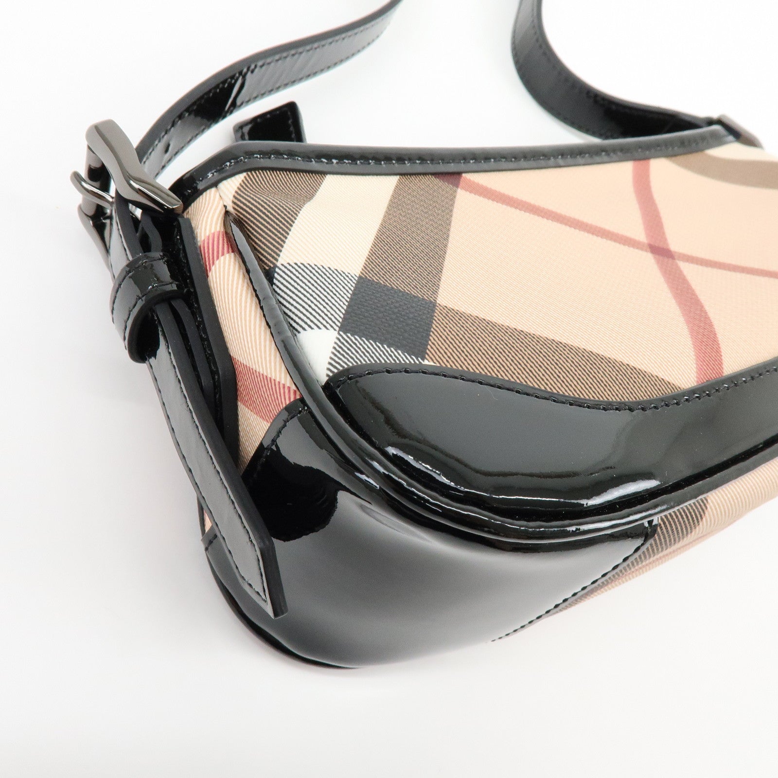 BURBERRY Nova Plaid PVC Patent Leather Hand Bag Beige Black