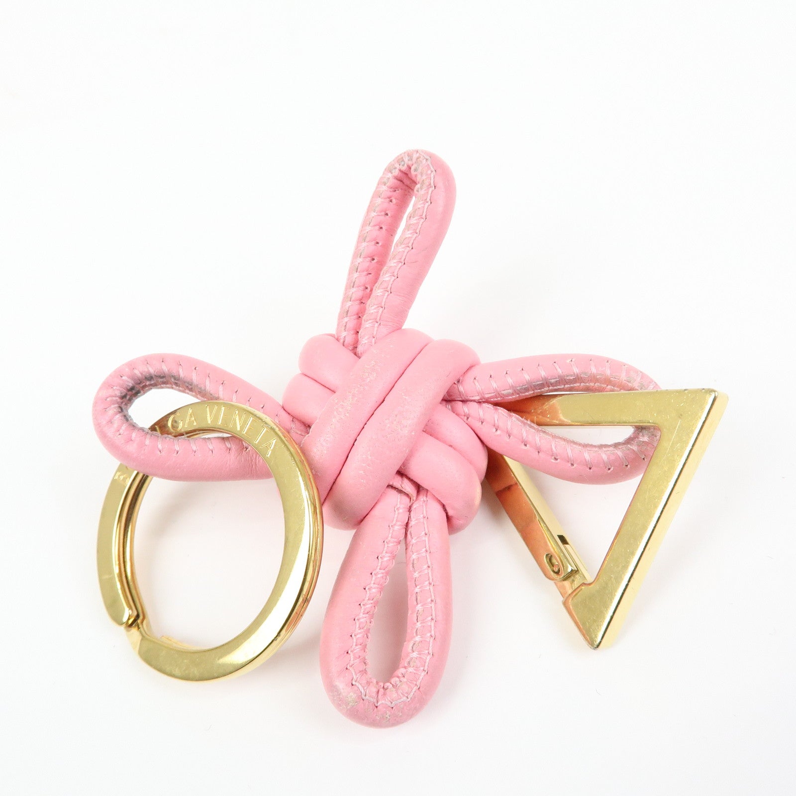 BOTTEGA VENETA Leather Metal Bag Charm Key Chain Gold Pink