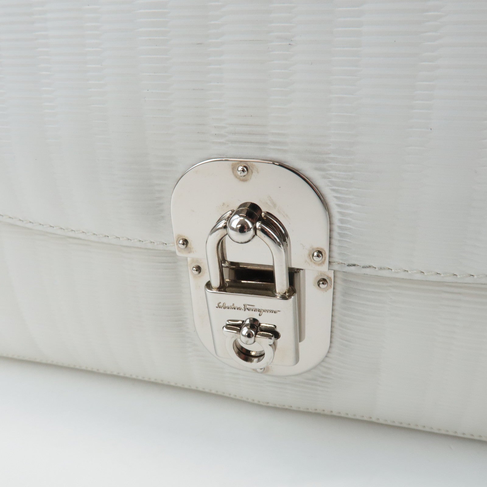 Ferragamo Gancini  Leather Shoulder Bag White Silver HDW Used