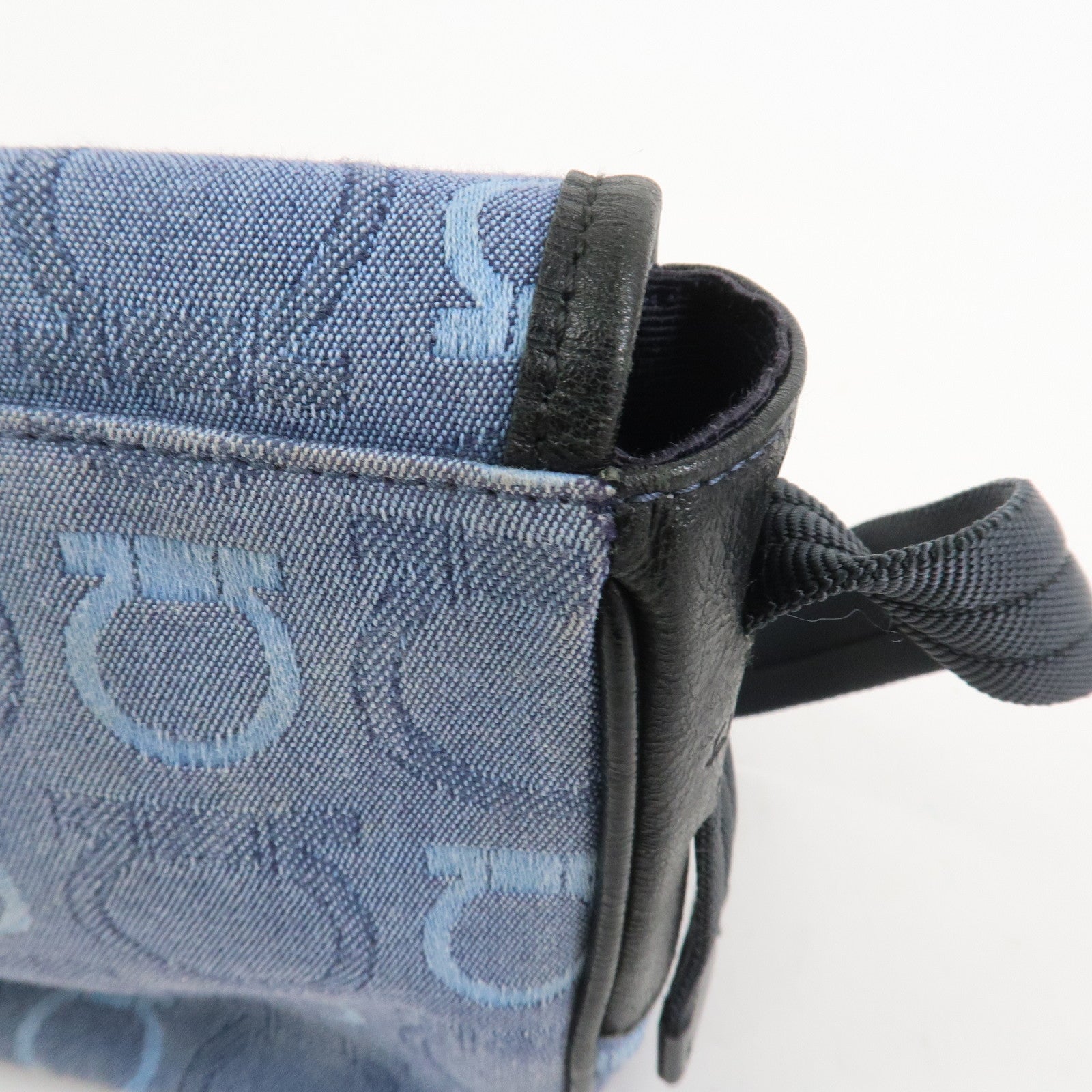 Ferragamo Gancini Canvas Leather Shoulder Bag Navy Black