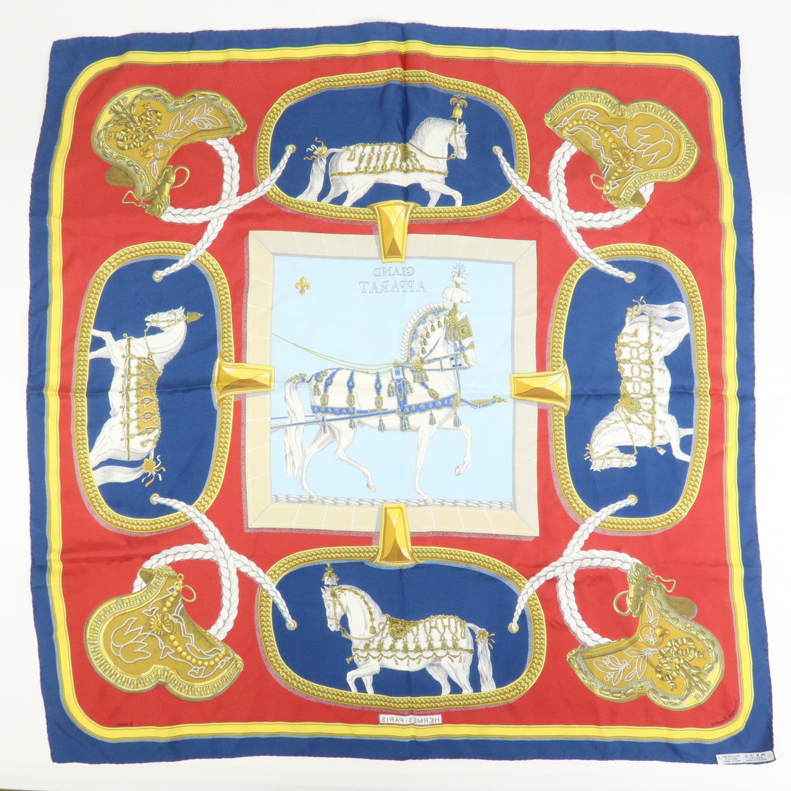 HERMES Carre 90 Silk 100% Scarf GRAND APPARAT Red Navy