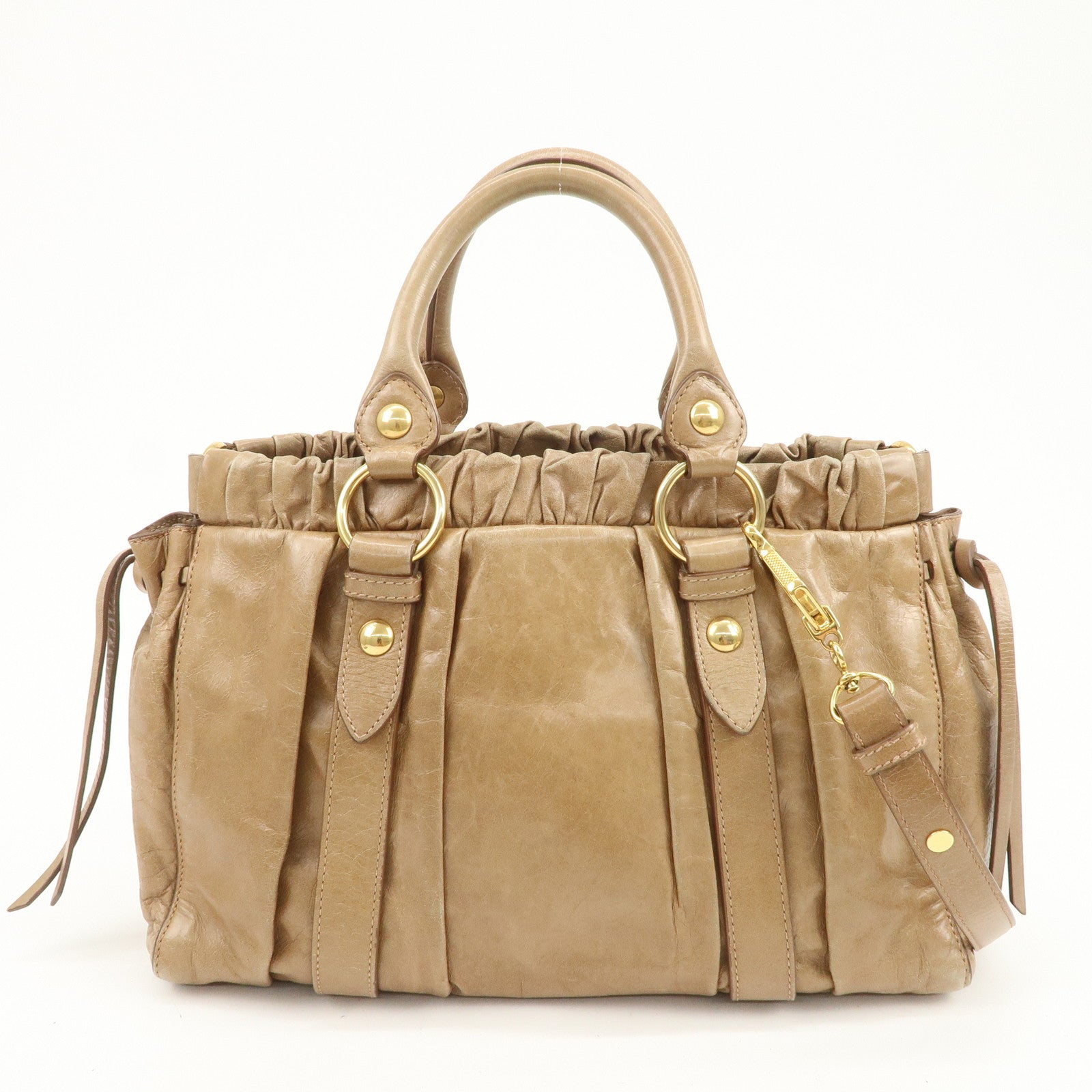 MIU MIU Leather 2Way Gathered Hand Bag Shoulder Bag Brown RT0383