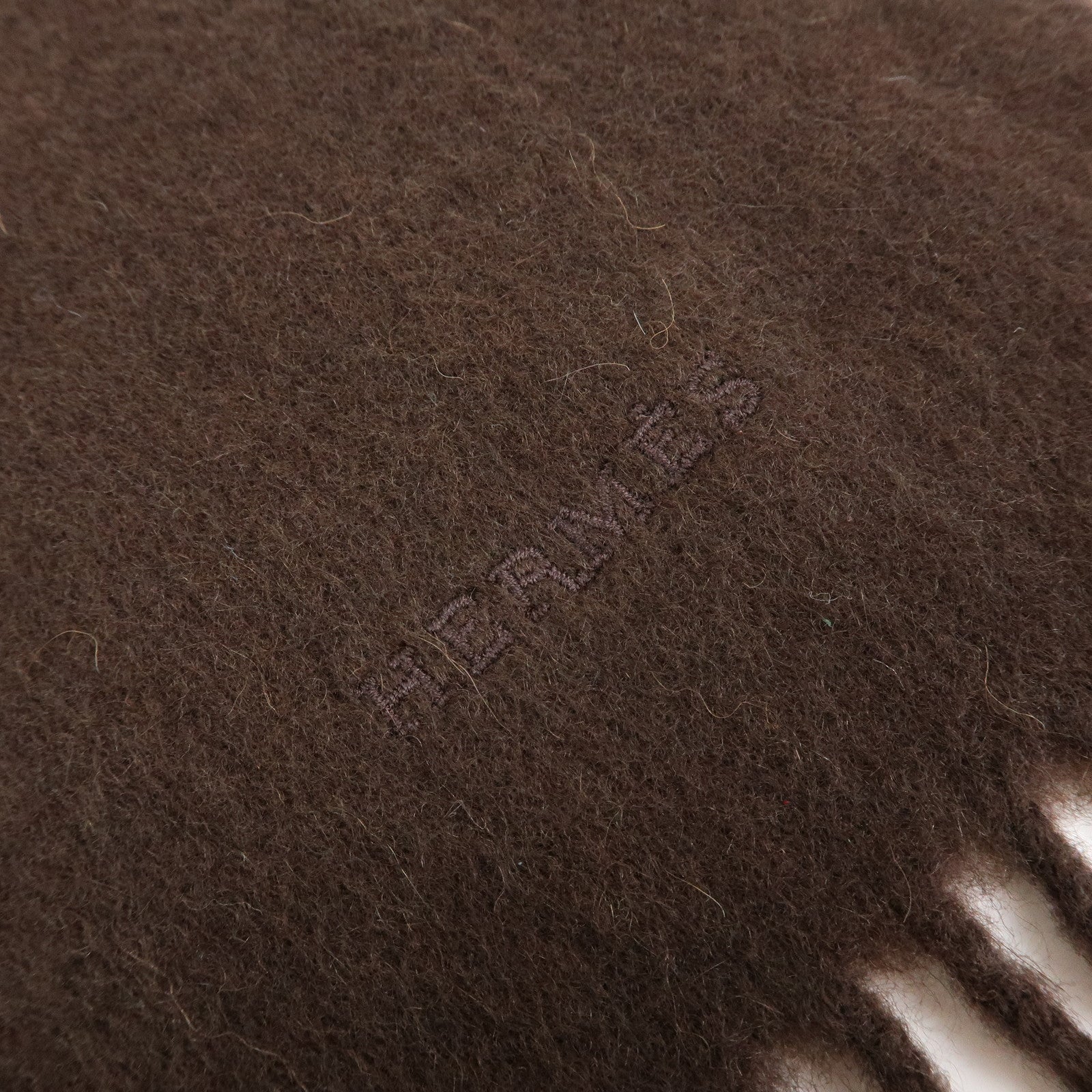 HERMES Logo Cashmere 100% Scarf Stole Fringe Dark Brown