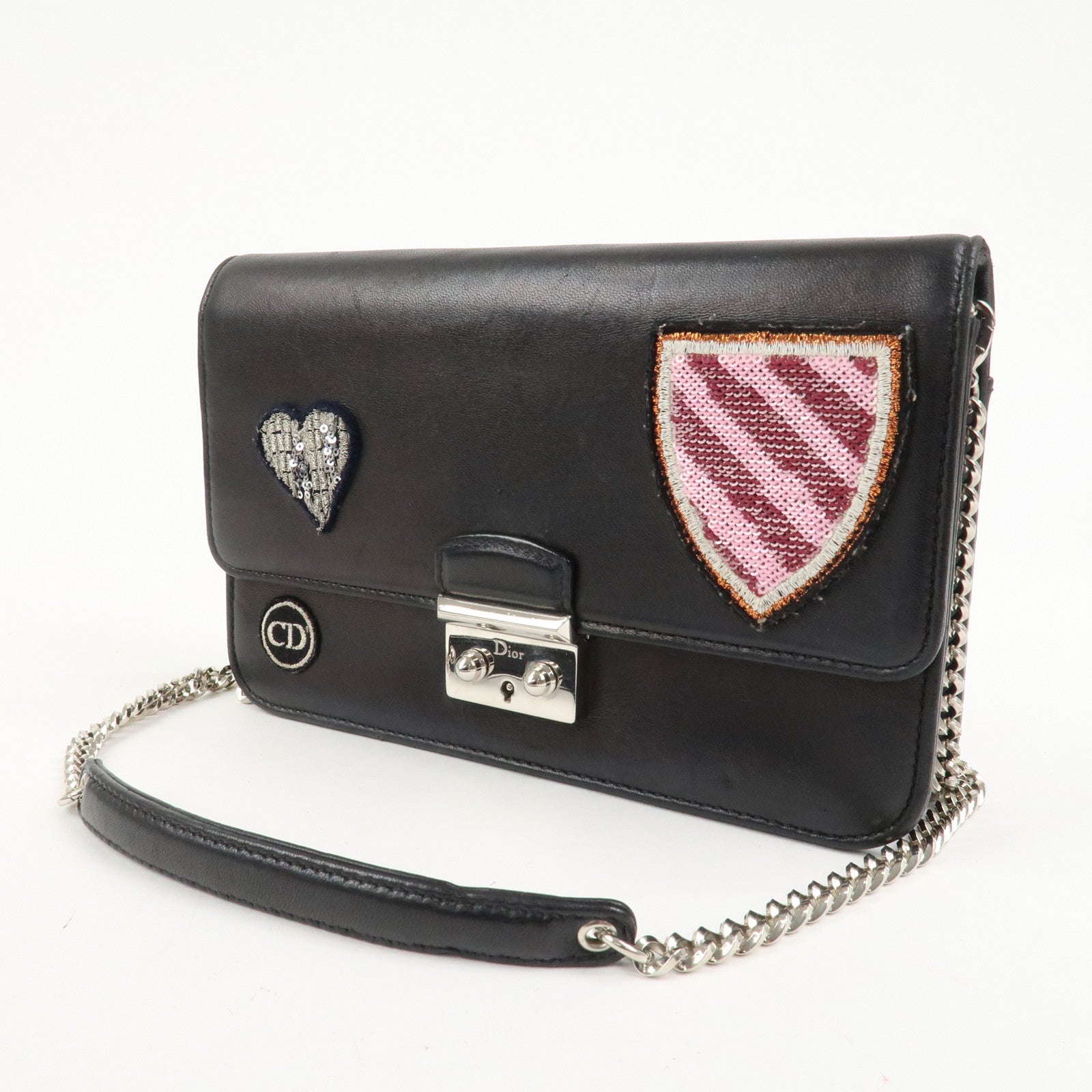 Christian Dior Leather Chain Shoulder Bag Heart Embroidery Black
