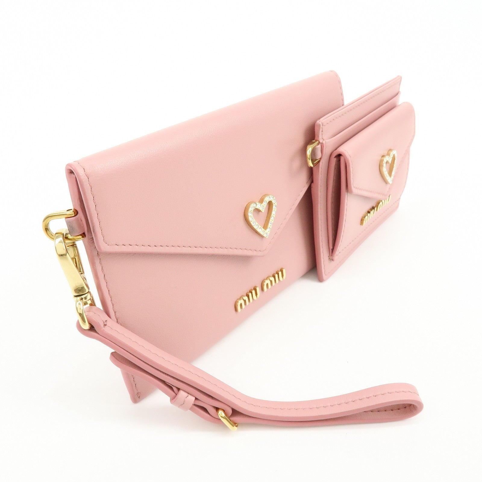 MIU MIU Madras Leather Rhinestone Card Case Heart Love letter Pink