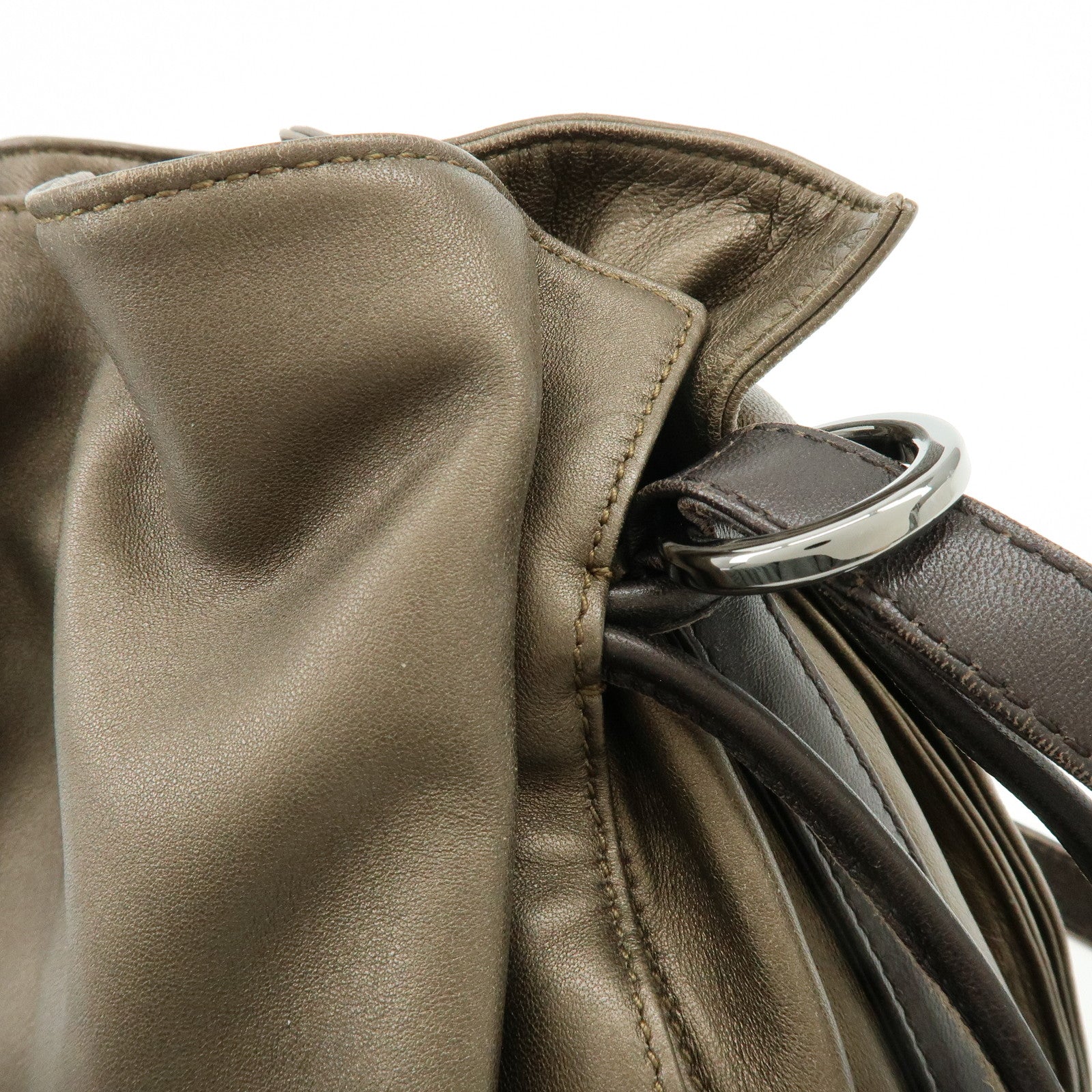 LOEWE Anagram Nappa Leather Drawstring Fringe Shoulder Bag Brown