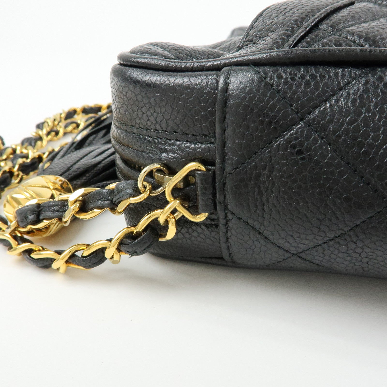 CHANEL Matelasse Cavairskin Chain Shoulder Bag Tassel Black Gold