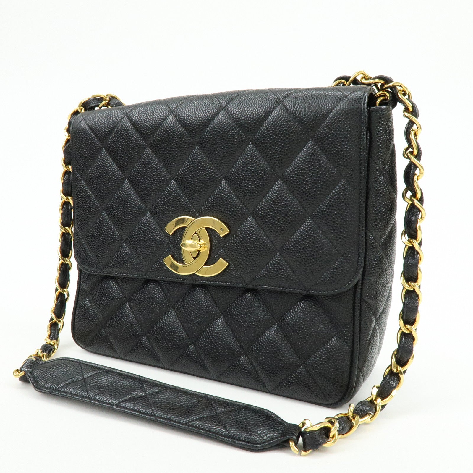 CHANEL Matelasse COCO Mark Caviarskin Chain Shoulder Bag Black