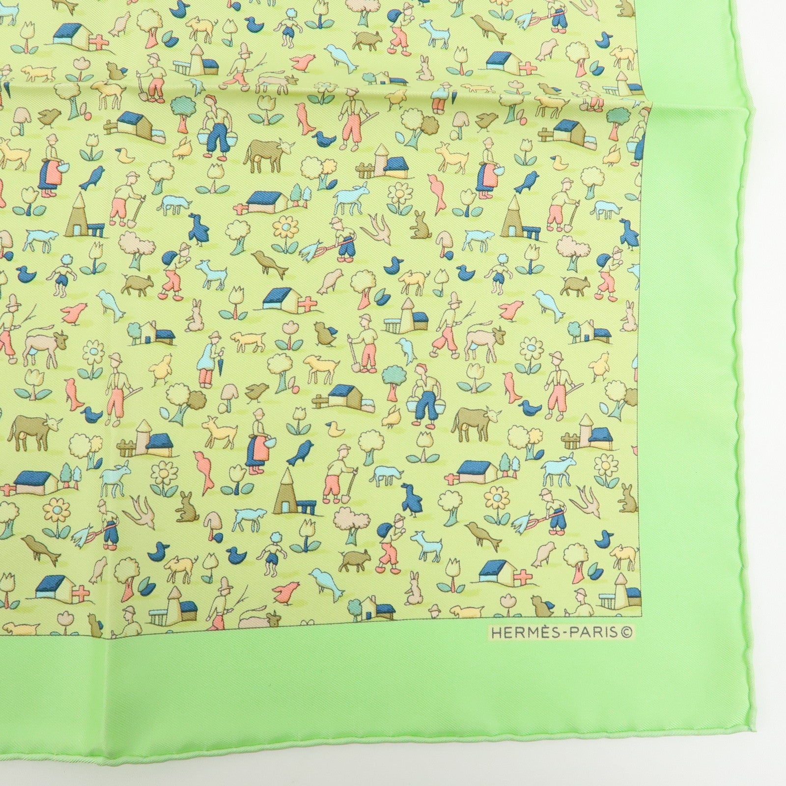 HERMES Petit Carre 40 Silk 100% Mini Scarf Farm Motif Green Yellow