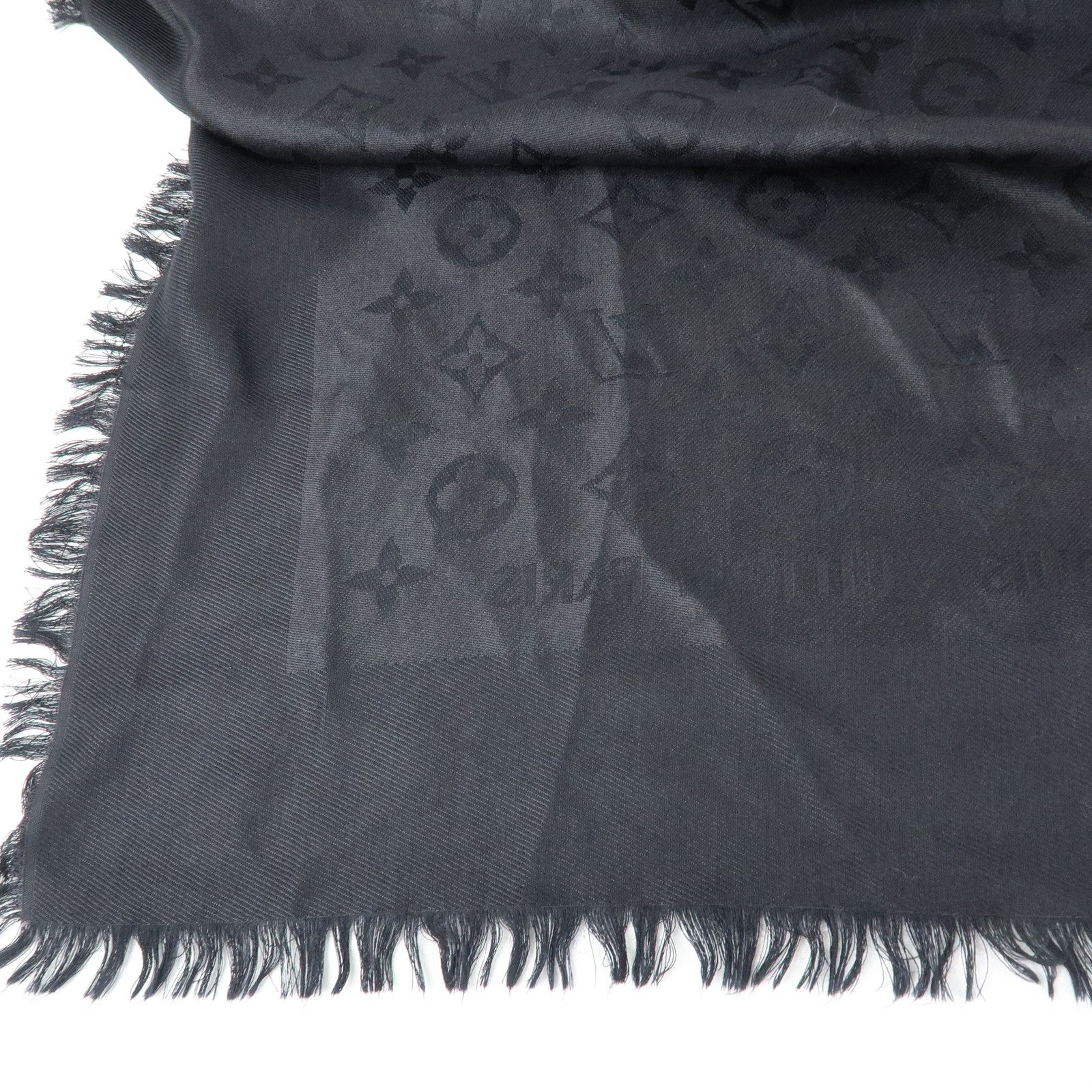 Louis Vuitton Monogram Silk Wool Shawl Scarf Black
