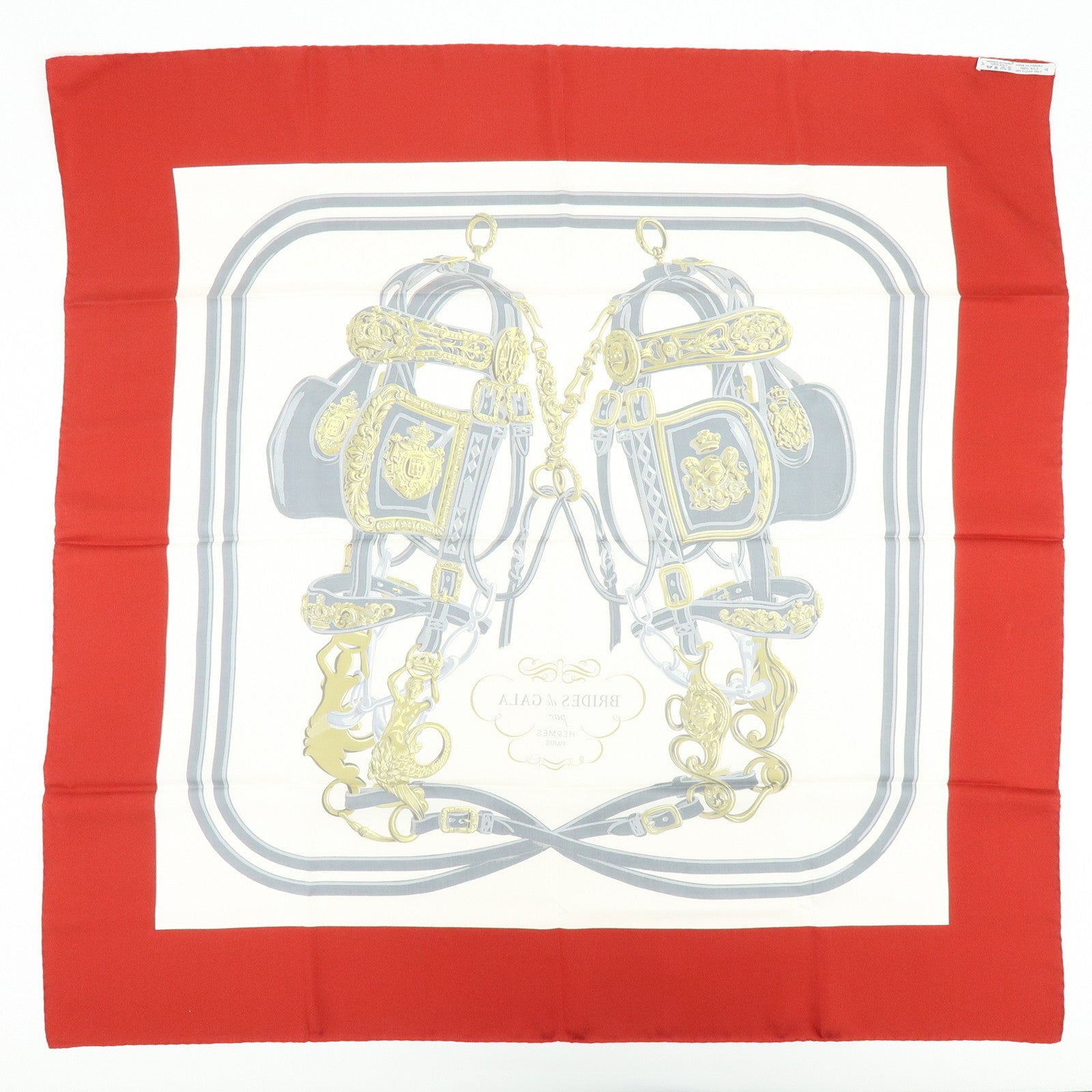 HERMES Carre 90 Silk 100% BRIDES DE GALA Scarf Red Gold