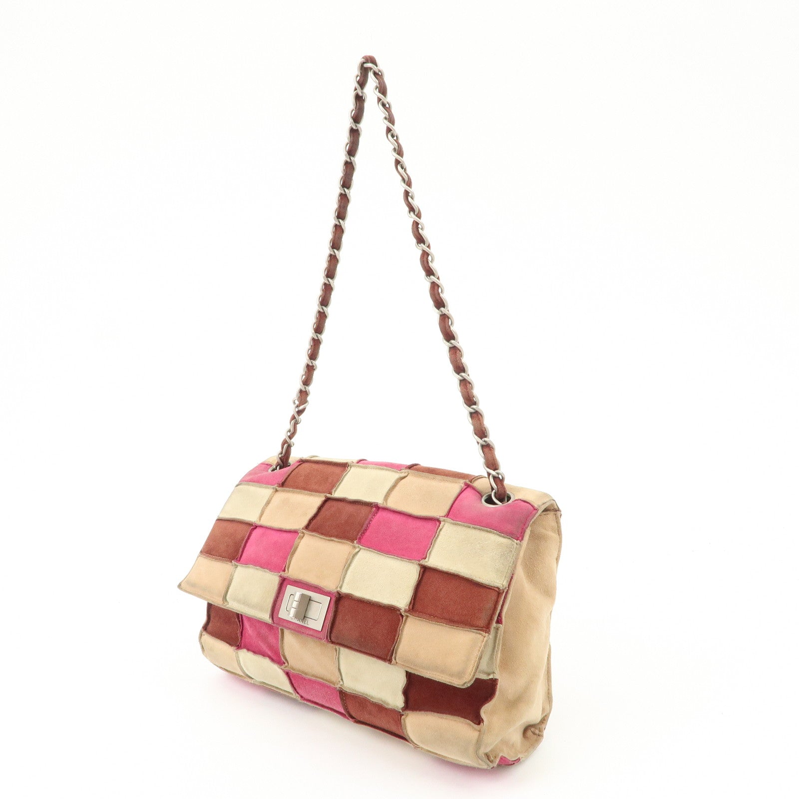 CHANEL 2.55 Suede Patchwork Chain Shoulder Bag Multicolor A14528 Used
