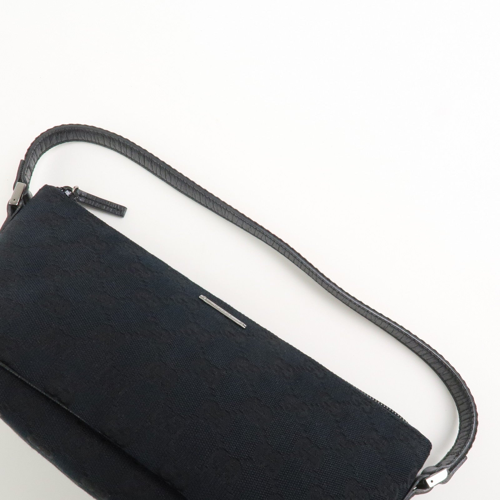 GUCCI Boat Bag Sherry GG Canvas Leather Hand Bag Black 141809