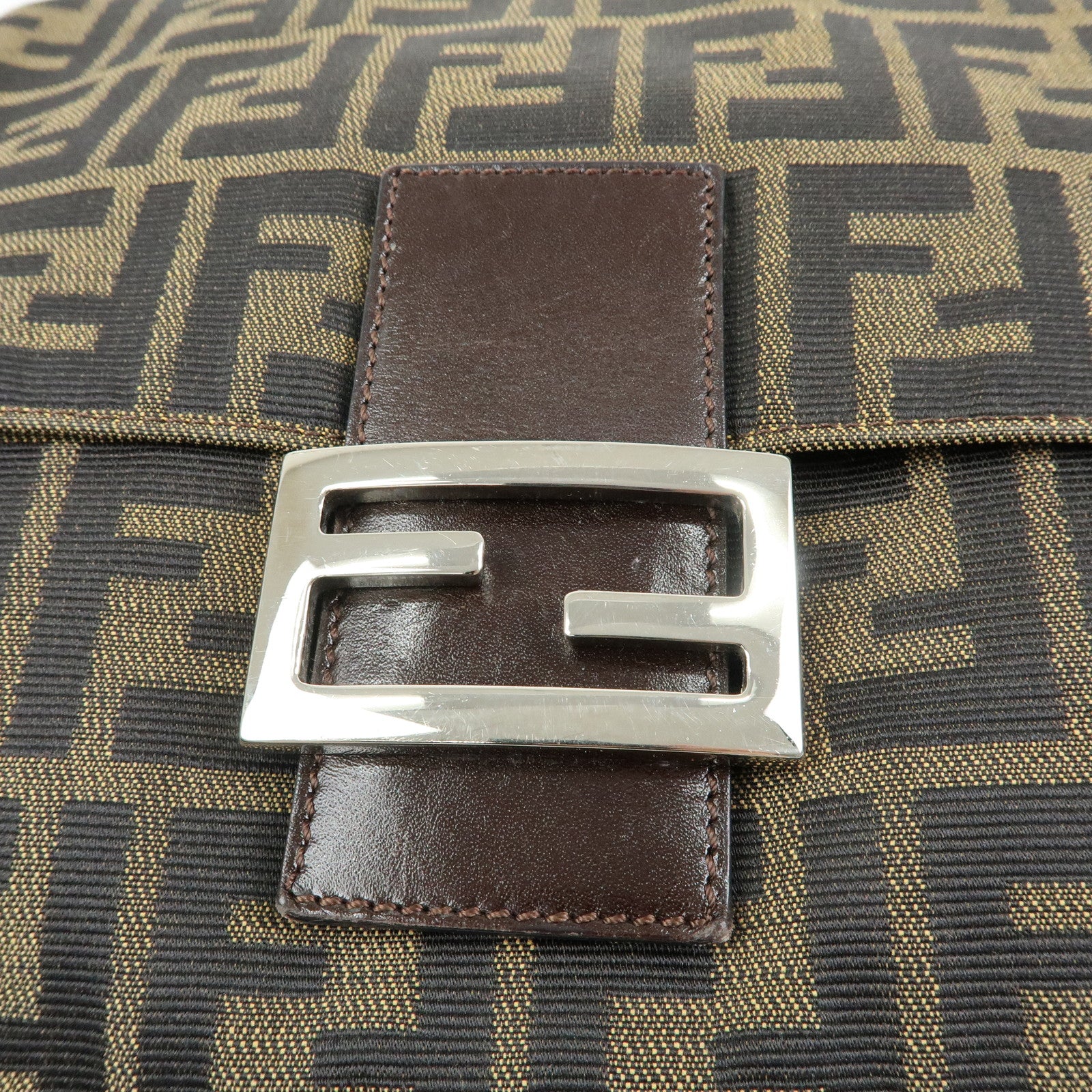 FENDI Mamma Baguette Zucca Canvas Leather Shoulder Bag Brown 26325
