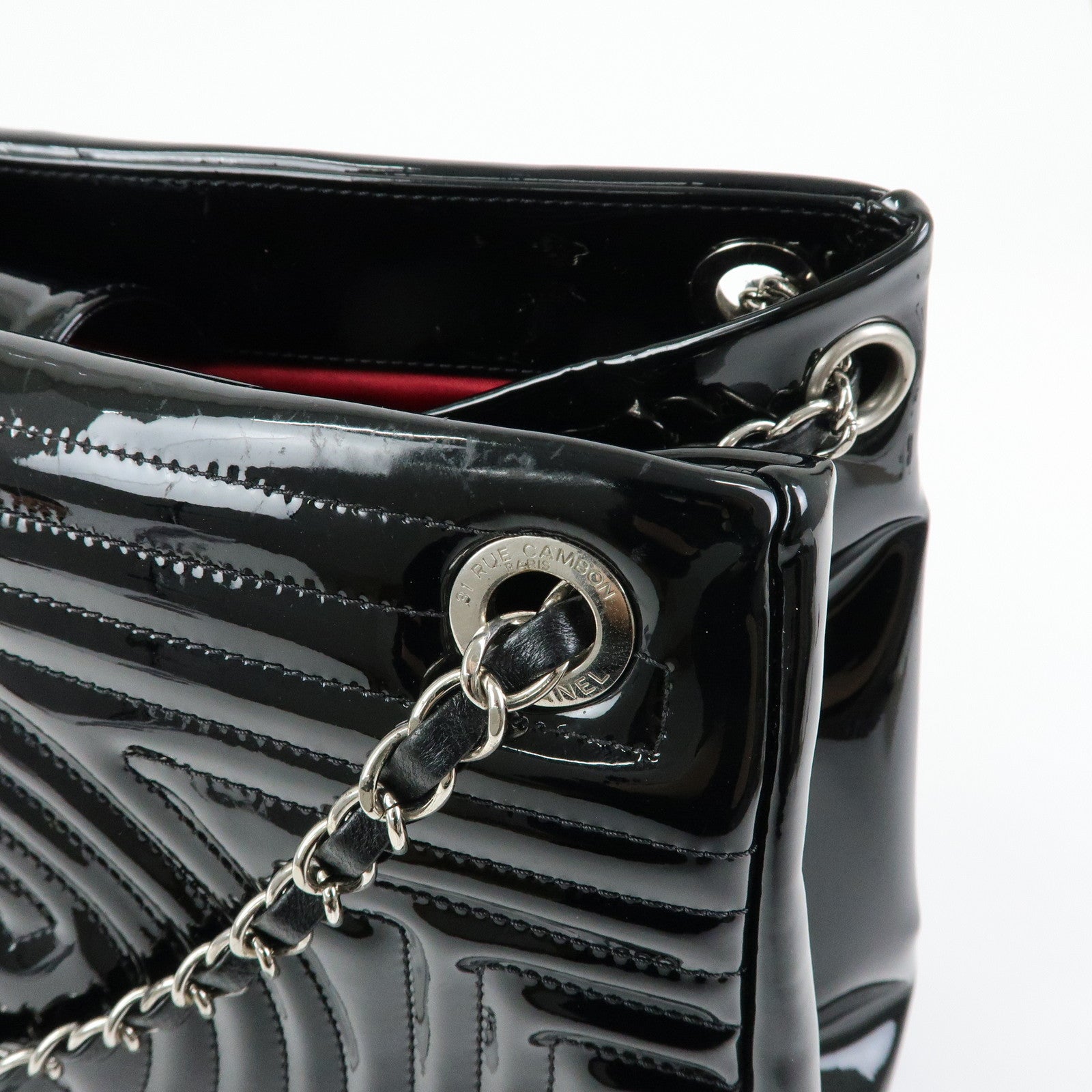 CHANEL COCO Mark Patent Leather Lamb Skin Tote Bag Hand Bag Black