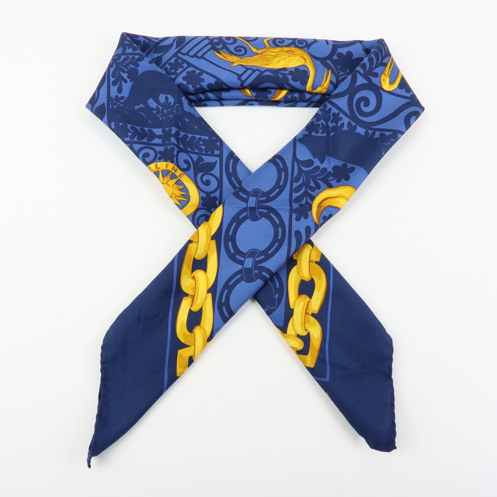 CELINE Silk 100% Scarf Lion Chain Motif Blue Yellow