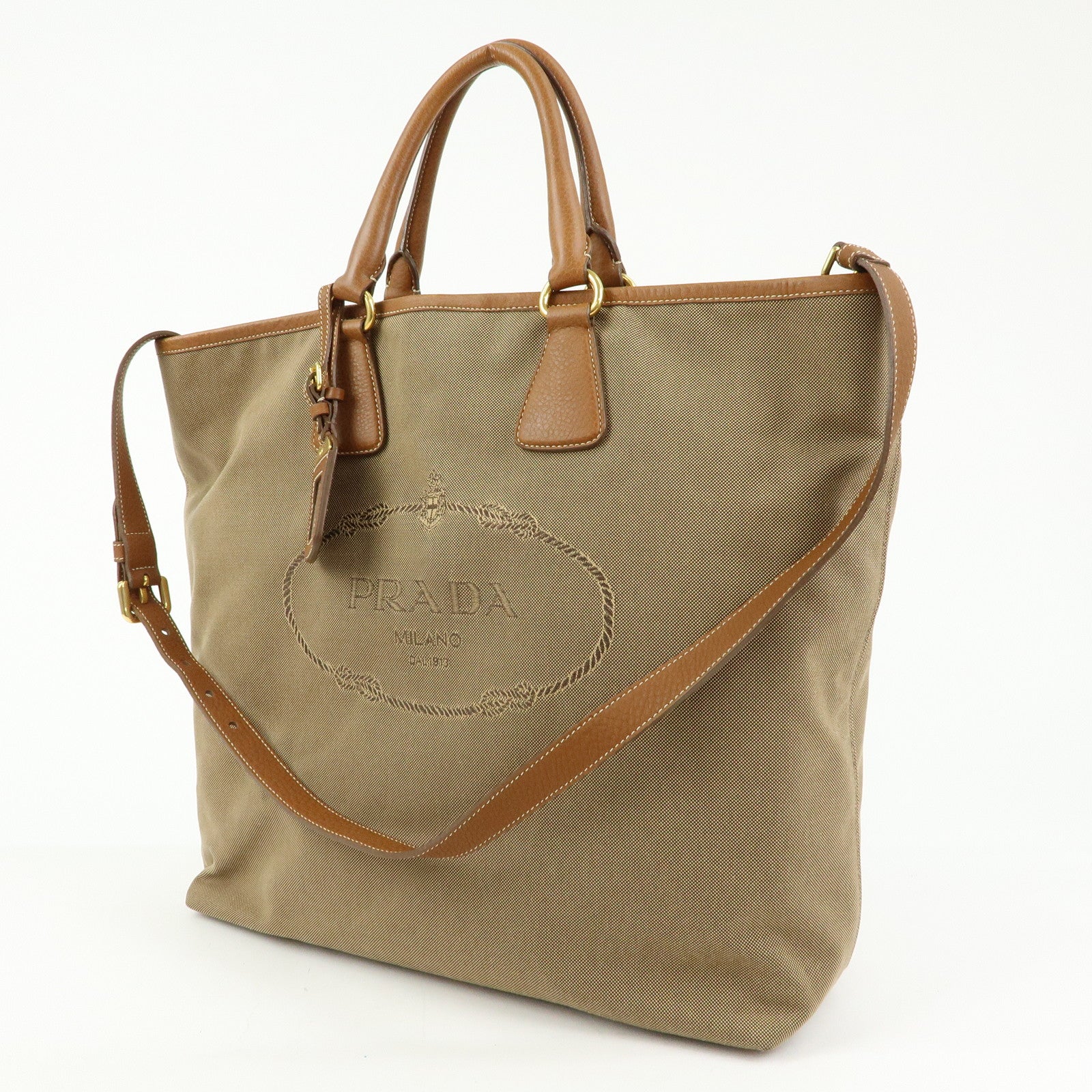 PRADA Triangle Logo Jacquard Leather 2Way Bag Hand Bag Brown