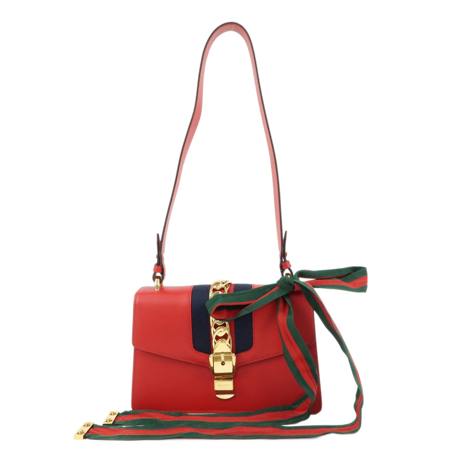 GUCCI Sylvie Sherry Leather Shoulder Bag Ribbon Red Navy 421882