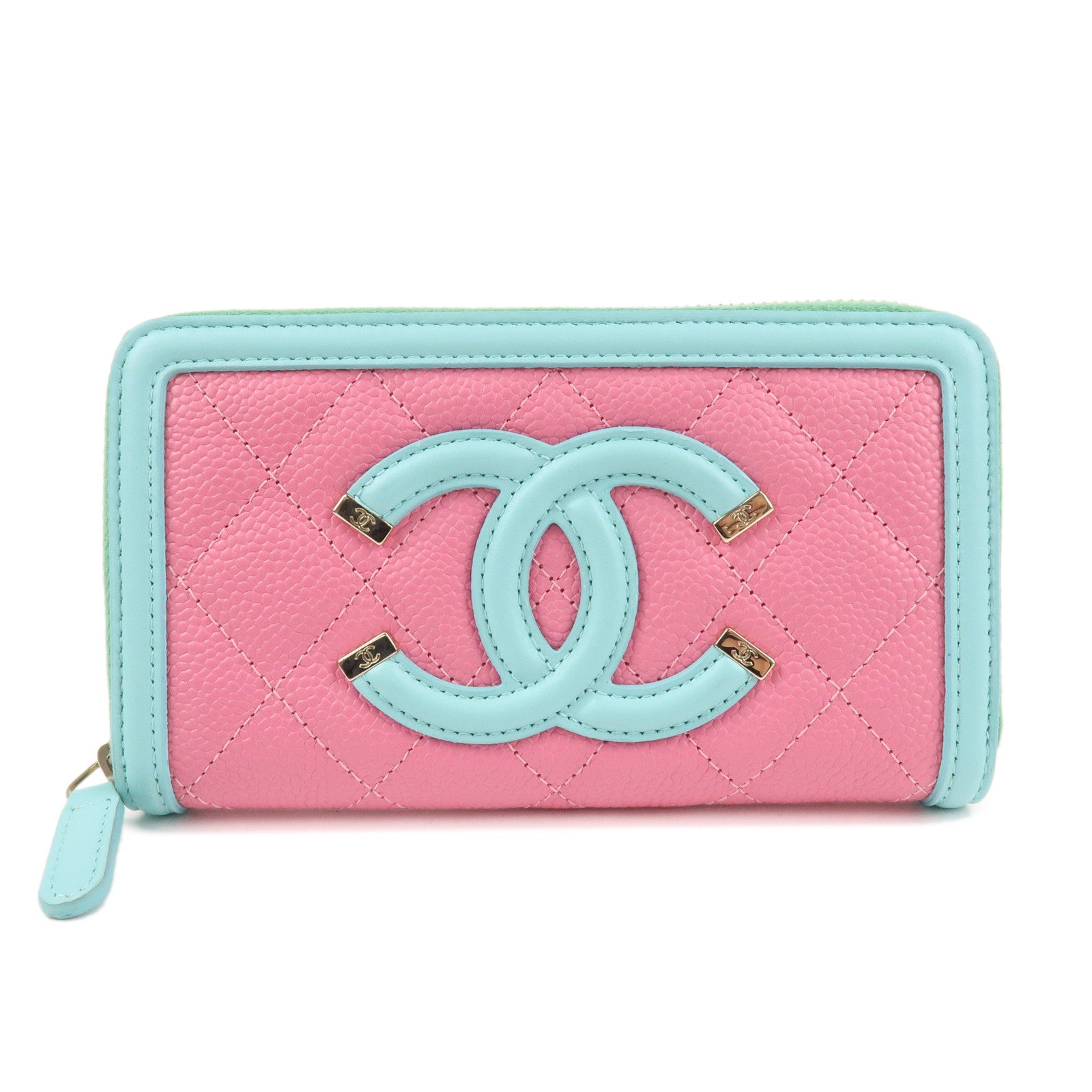 CHANEL COCO Mark CC Filigree Caviarskin Round Zippy Wallet Pink A84446 Used