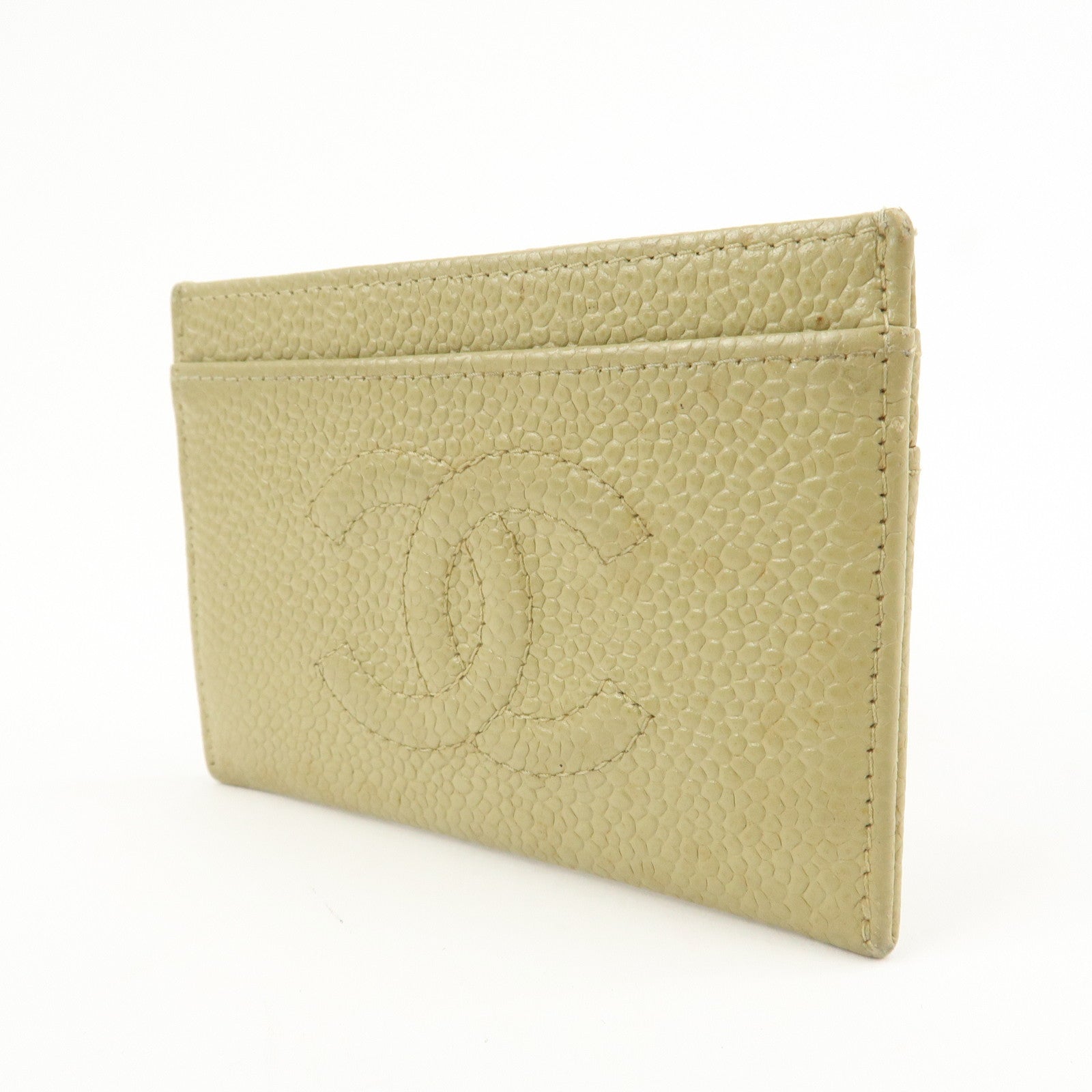 CHANEL COCO Mark Caviarskin Leather Card Case Card Holder Beige