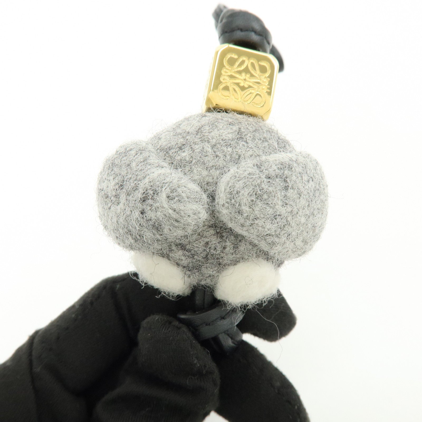 LOEWE Owl Motif Felt Calf Leather Bag Charm Key Holder Gray Black