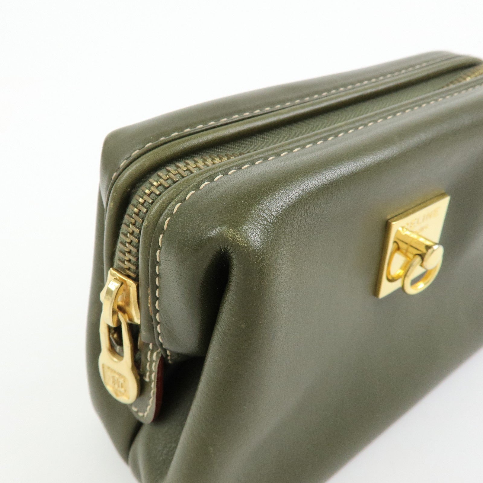 CELINE Logo Leather Accessory Pouch Cosmetic Case Khaki