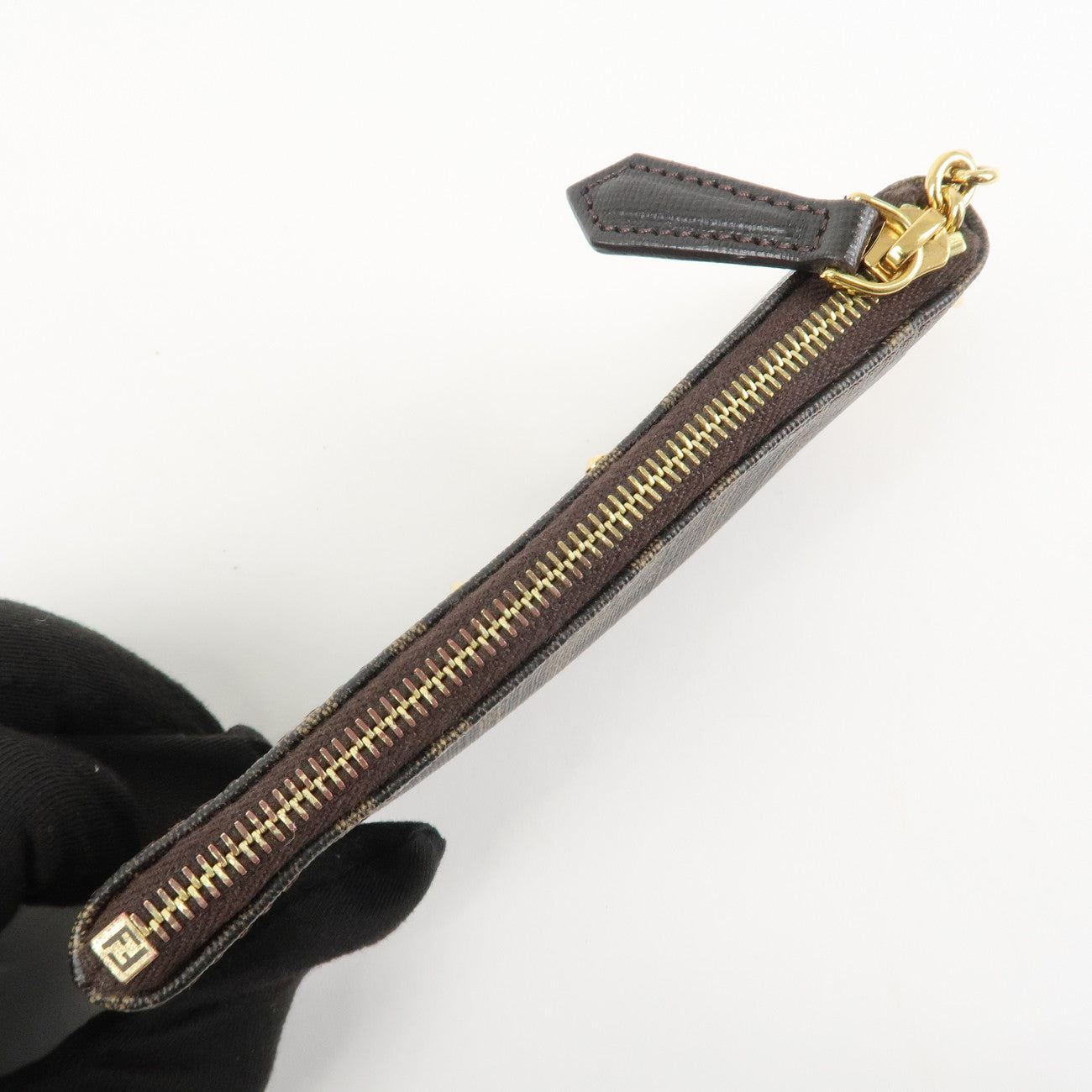 FENDI Zucca Leather PVC Coin Case Key Chain Black Brown 8AP005 Used