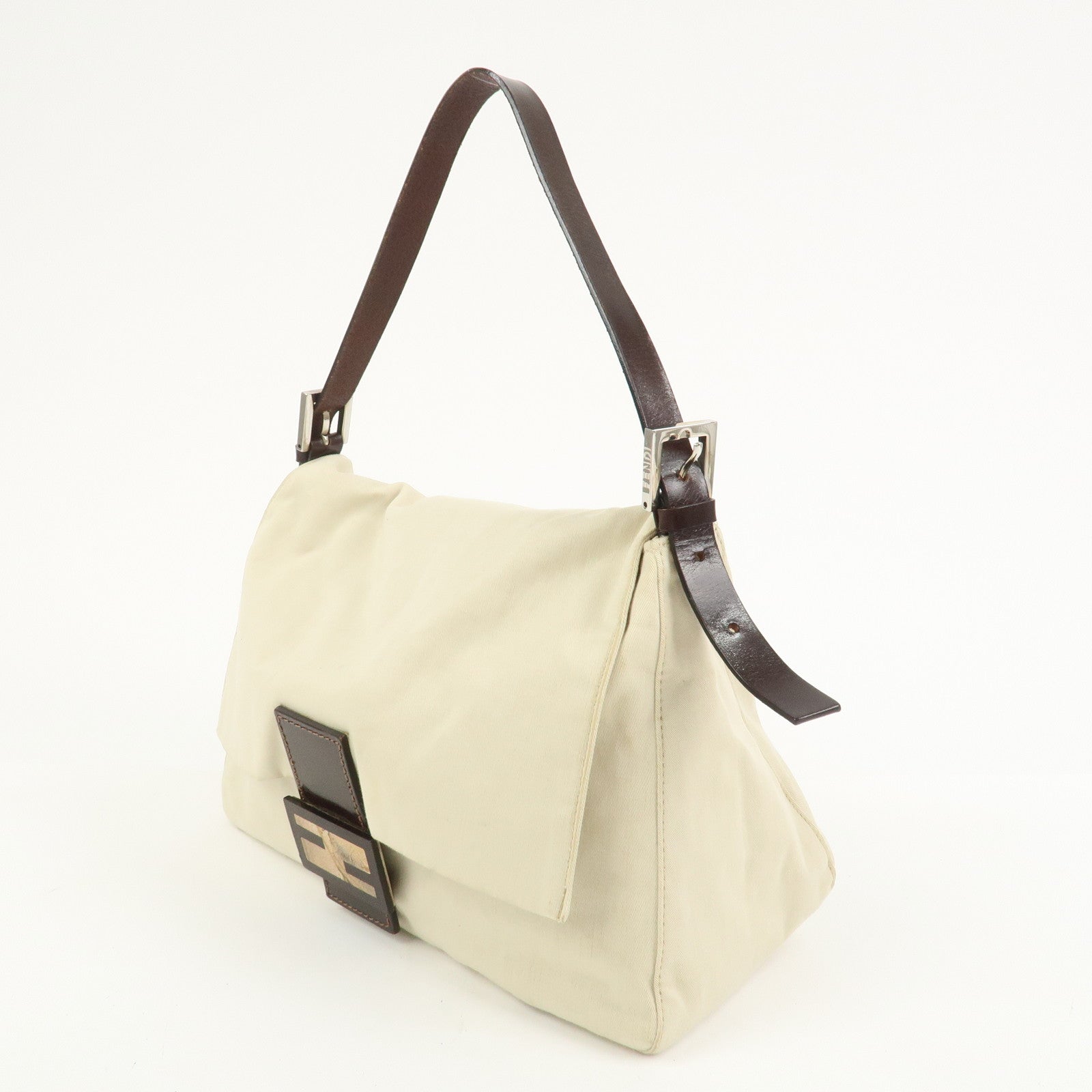 FENDI Mamma Baguette Canvas Leather Shoulder Bag Ivory Brown 26325