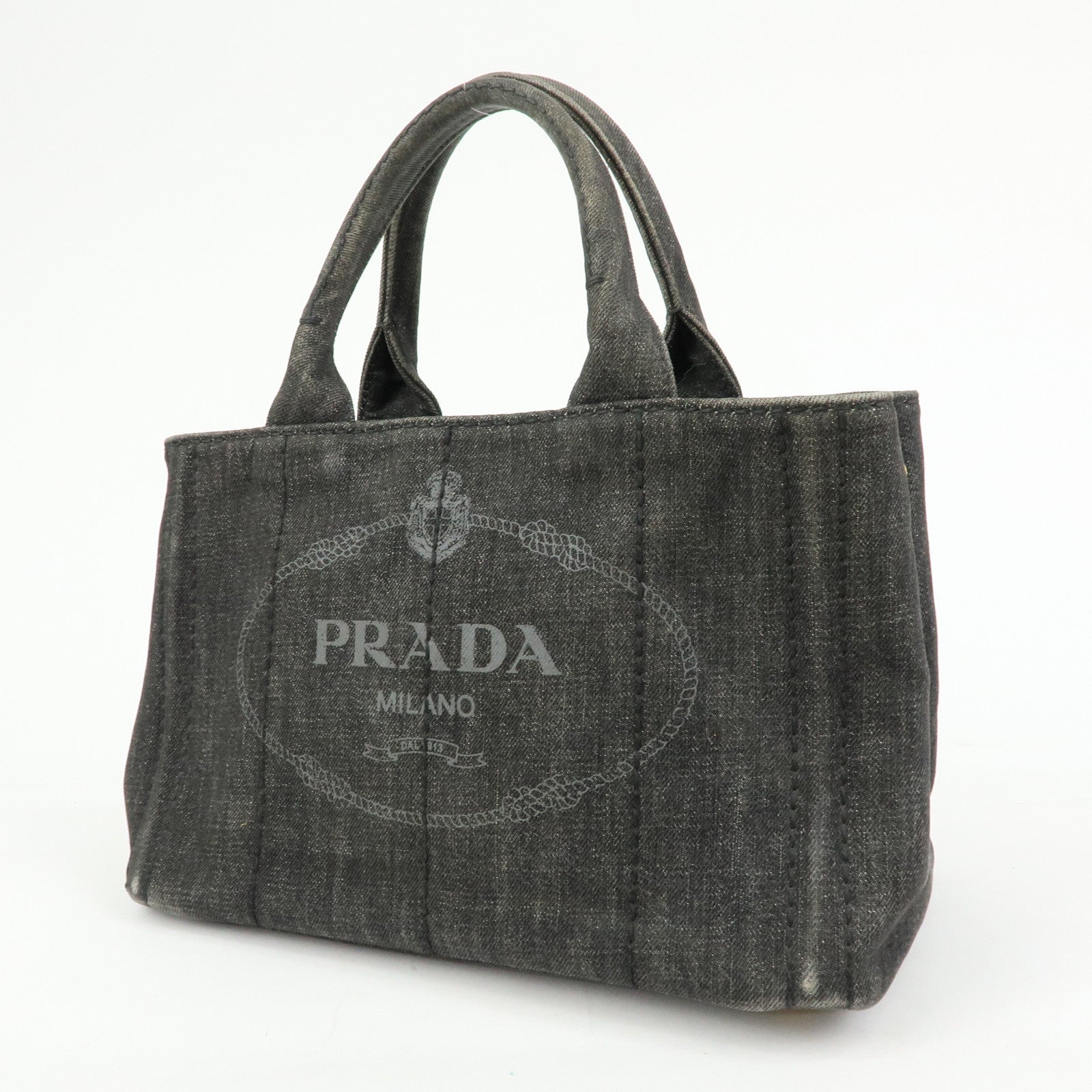 PRADA Triangle Logo Canapa Mini Denim 2Way Hand Bag Black 1BG439