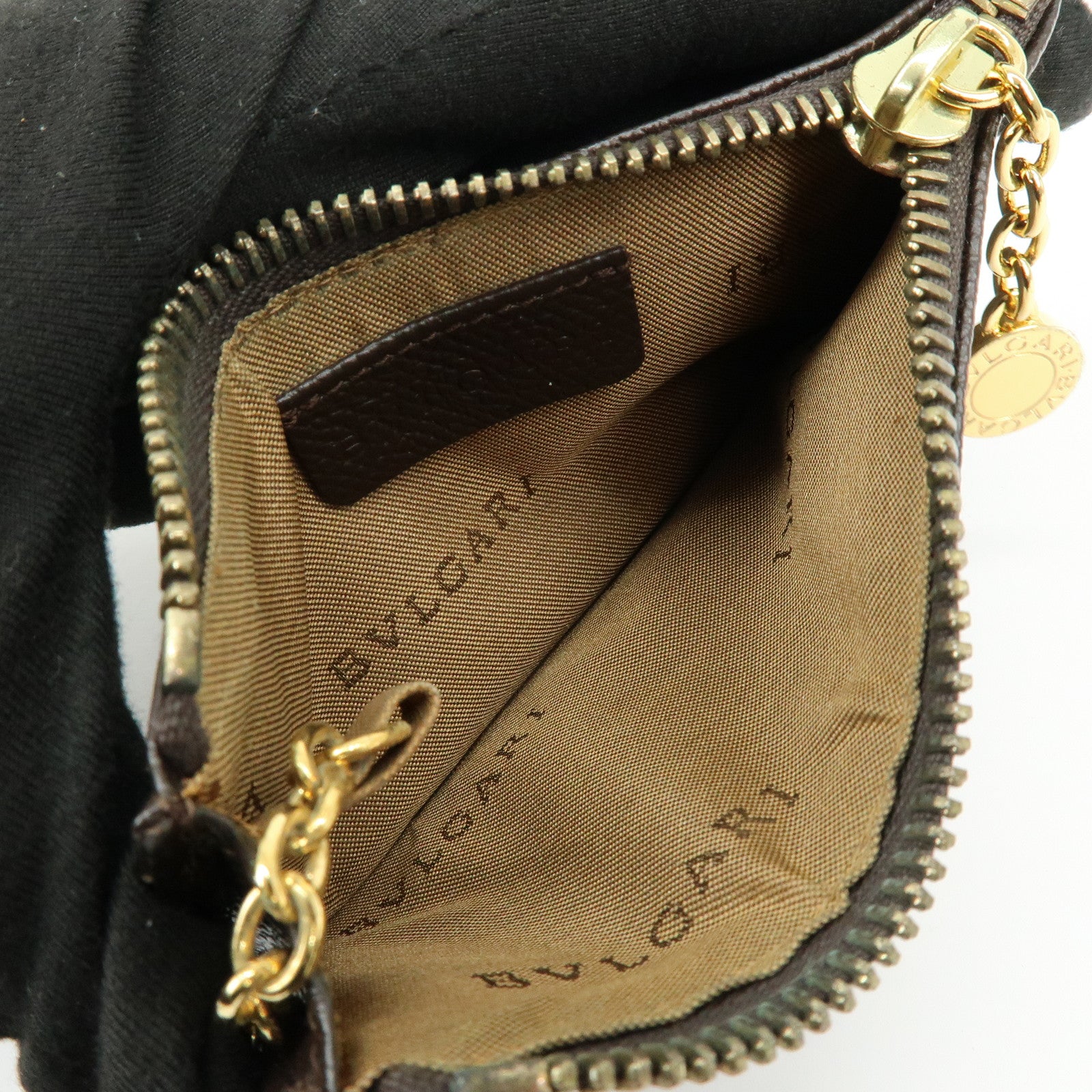 BVLGARI Leather Coin Case Coin Purse Key Chain Dark Brown