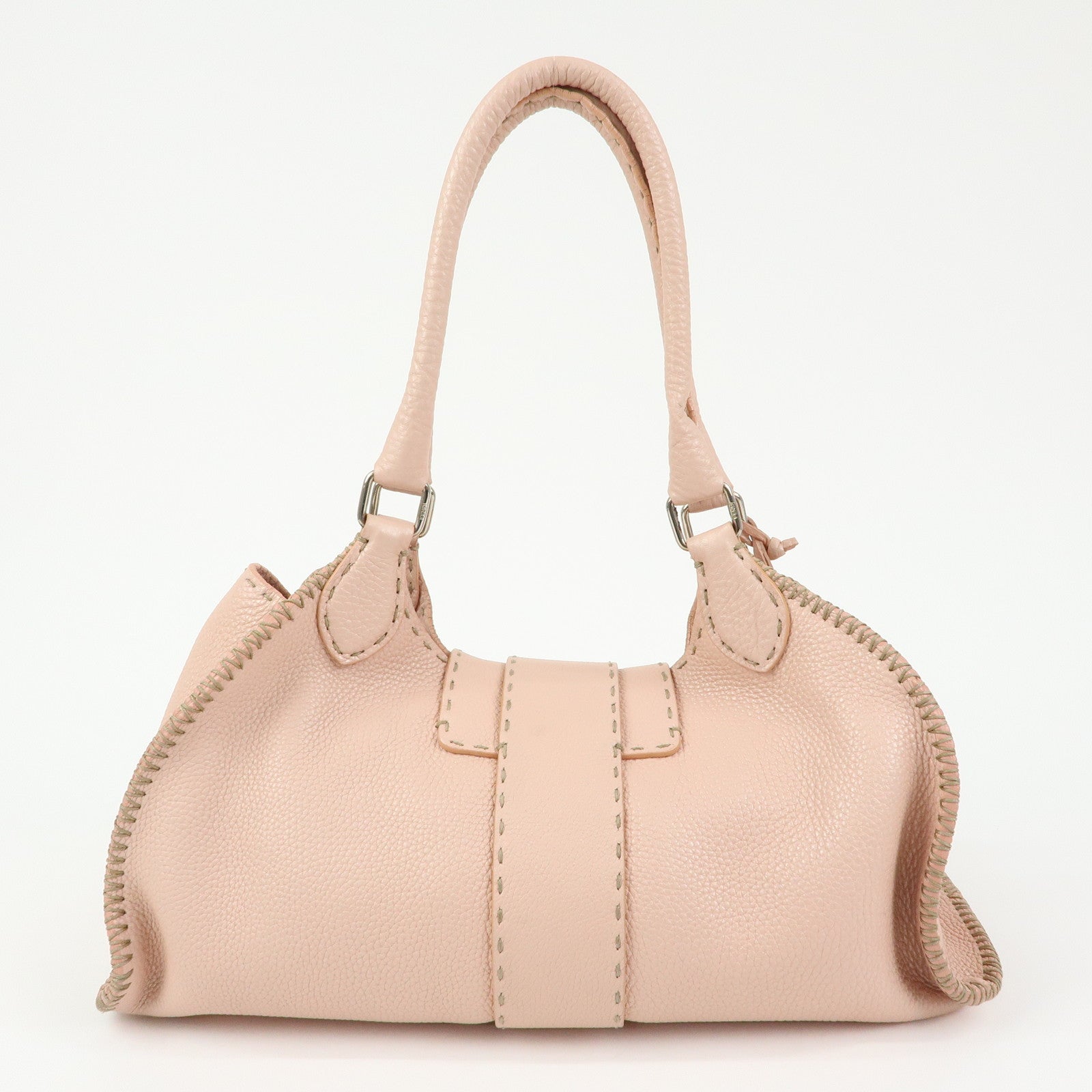 FENDI Selleria Stitches Leather Tote Bag Hand Bag Pink 8BR457